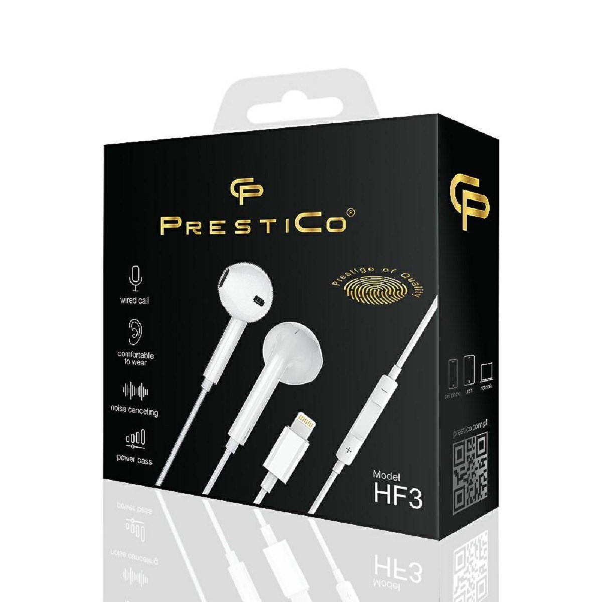 PrestiCo HF3 mit Lightning-Anschluss Kopfhörer Weiß In-Ear-Kopfhörer (Kabelgebunden, In-Ear-Kopfhörer, Intergrierte Steuerung für Anrufe und Musik, Lightning-Ohrhörer, Stereo-Kopfhörer, für iPhone Apple Earpods)