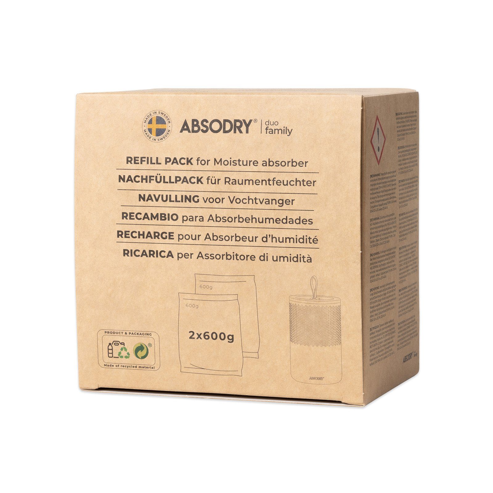 BlueCraft Luftentfeuchter-Nachfüllpack für Absodry duo Family Nachfüller Schlafzimmer, Wohnung, Keller, Bad, 2 x 0,6 kg Raum Entfeuchter Granulat im Vliesbeutel, ohne Strom