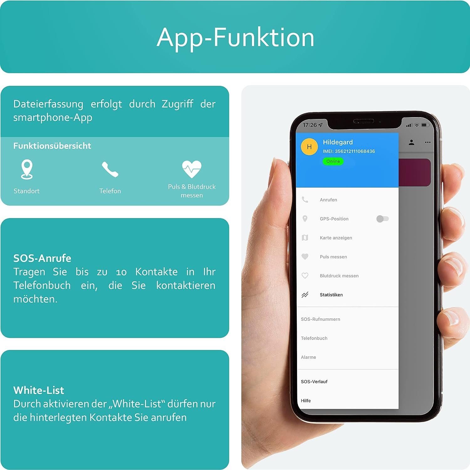 one button phone Notrufuhr mit GPS-Ortung und Telefonfunktion, SOS-Knopf für Senioren Smartwatch
