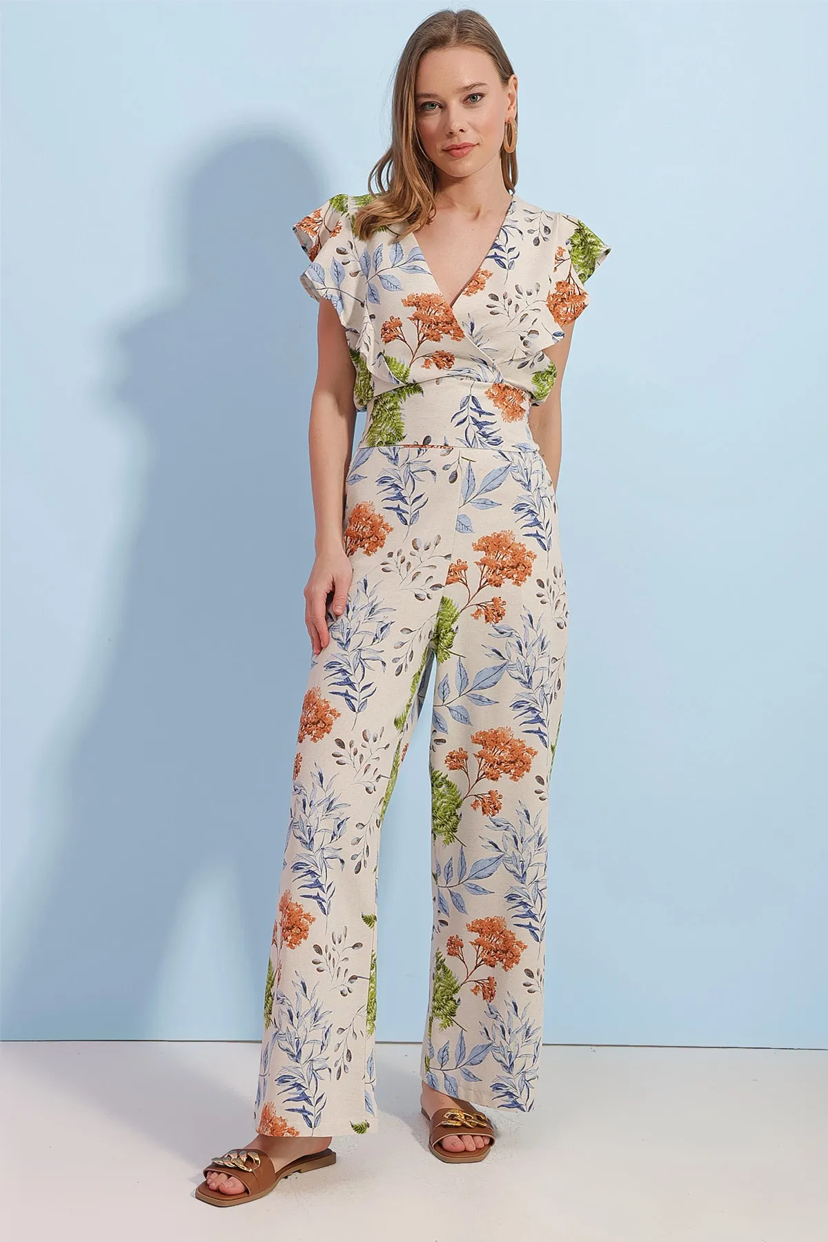 Pattaya  Damen-Set mit floral gemustertem Gipe-Detail-Unterteil und Oberteil aus Leinen P23s191-1342