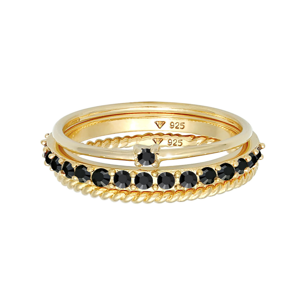 Elli Elli Bague Femmes Pile Set Élégante Solitaire Torsadé Tendance avec Cristaux Noir Bague