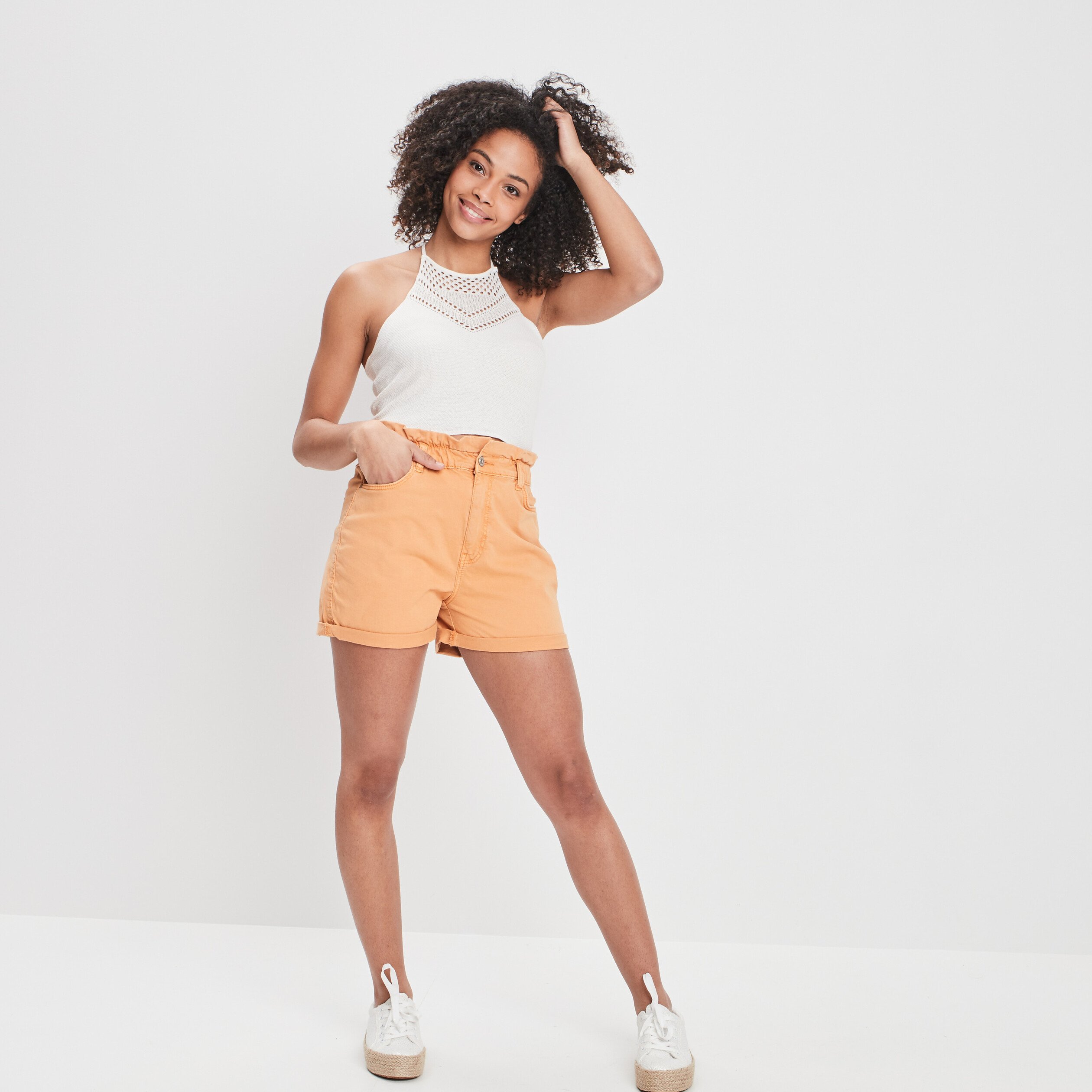 Short droit taille haute élastiquée orange femme | La Halle