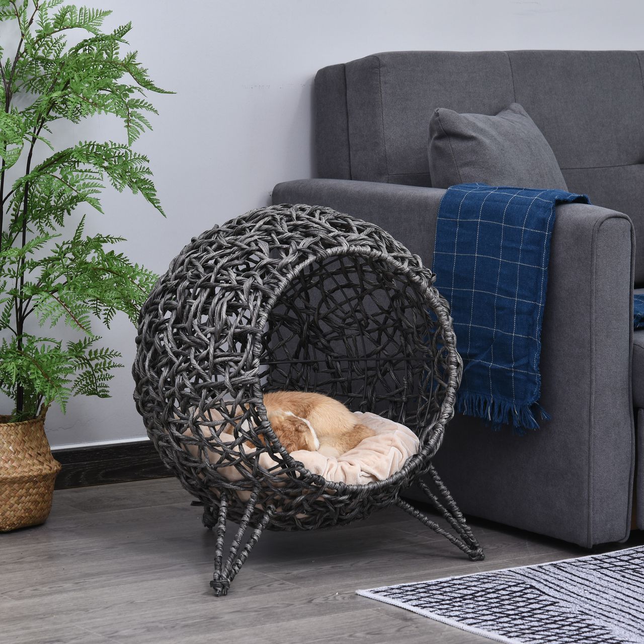 PawHut Katzenhaus aus Rattan mit Kissen Katzenschlafplatz Katzenhöhle Silbergrau
