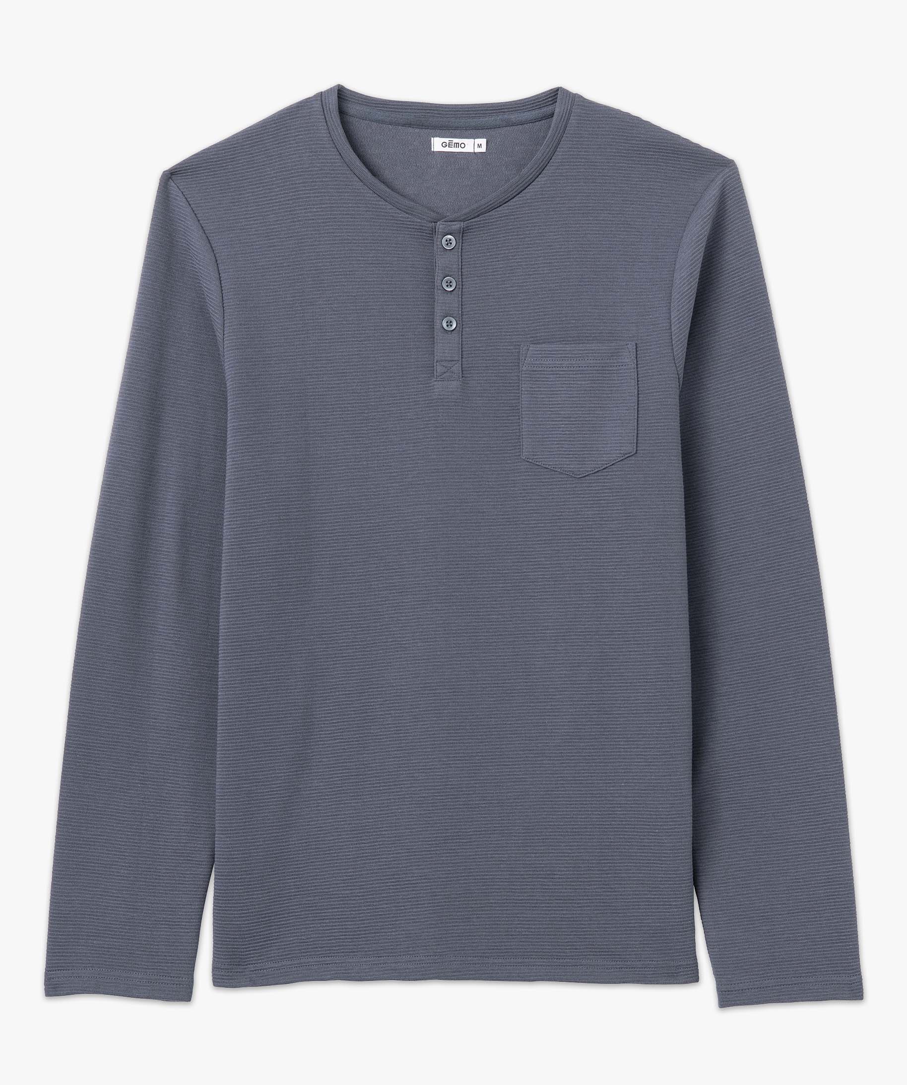 Tee-shirt homme à manches longues à col boutonné bleu | GEMO
