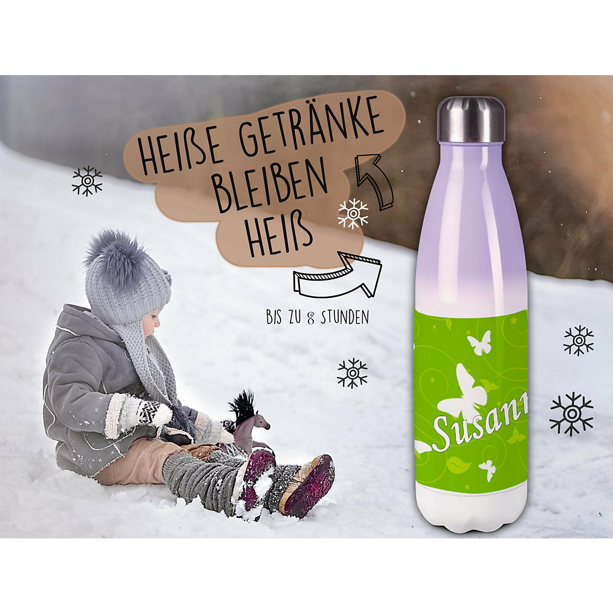 Edelstahl Kinder Thermoflasche / Trinkflasche bunt Schmetterling Ornamente Farbe grün Spülmaschinenfest, Auslaufsicher, Bruchfest, Doppelwandig, Für Heißgetränke geeignet, Mit Deckel, Isoliert