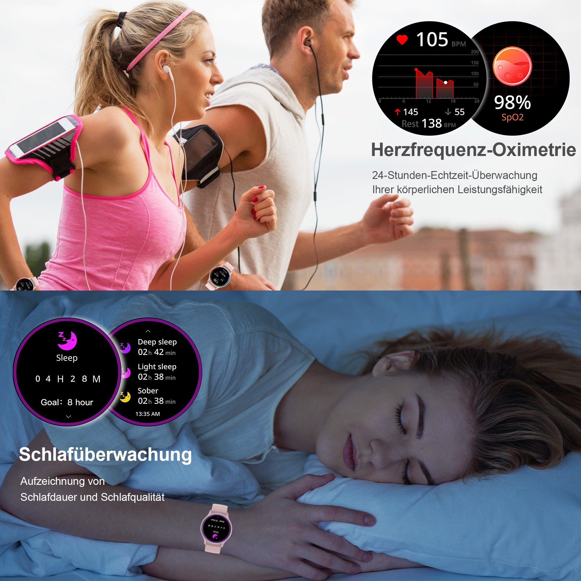 Mutoy Smartwatch für Damen Herren, Fitness Tracker Uhr Smartwatch (1,43 Zoll Runde AMOLED Touchscreen Zoll) Telefon Uhr mit Anruffunktion, IP68 Wasserdicht Fitness Uhr mit, Pulsmesser Schrittzähler Schlafmonitor Stoppuhr Musiksteuerung, Aktivitätstra