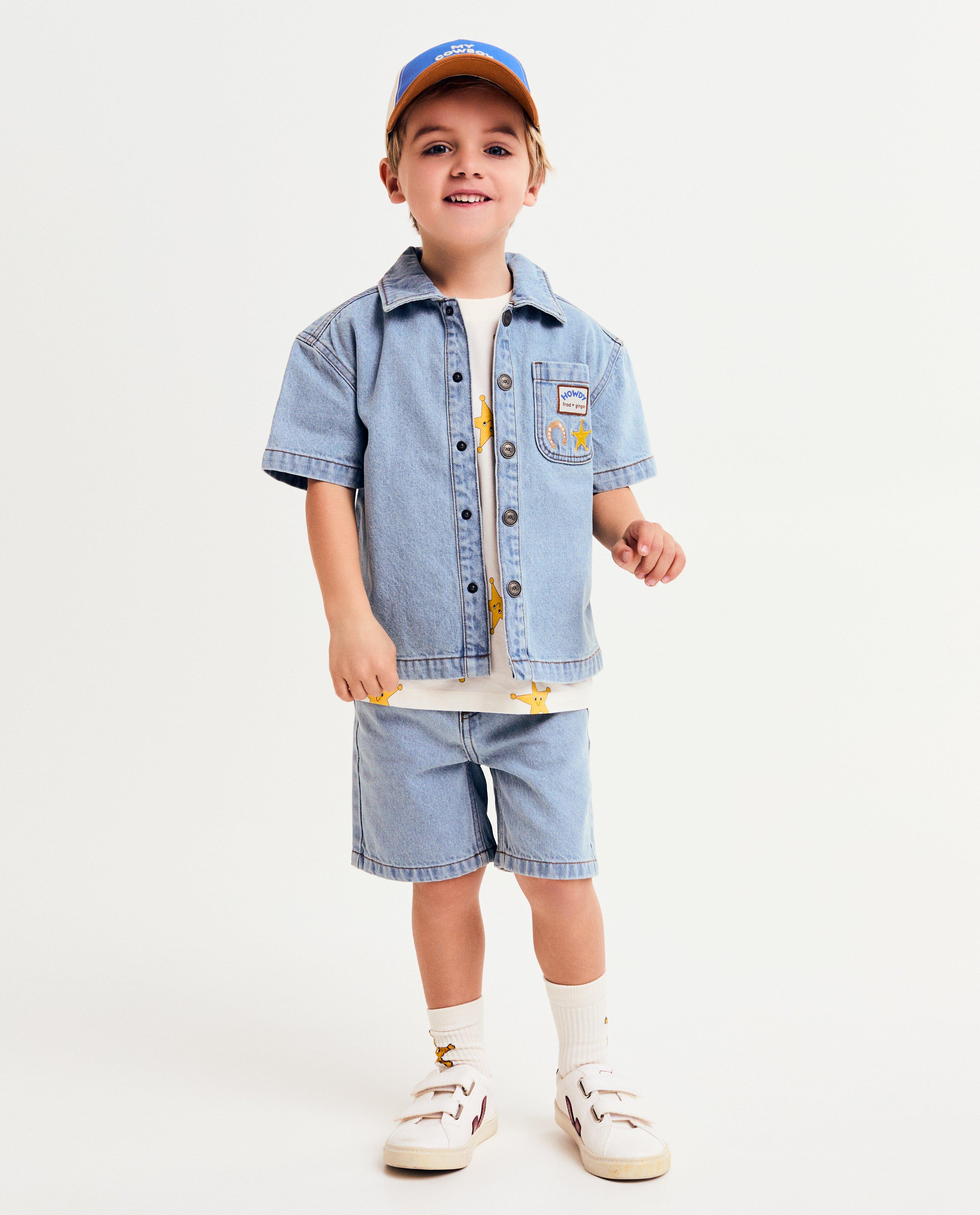 Cămașă Fred + Ginger Blue din denim, unisex, 92-128 albastru deschis