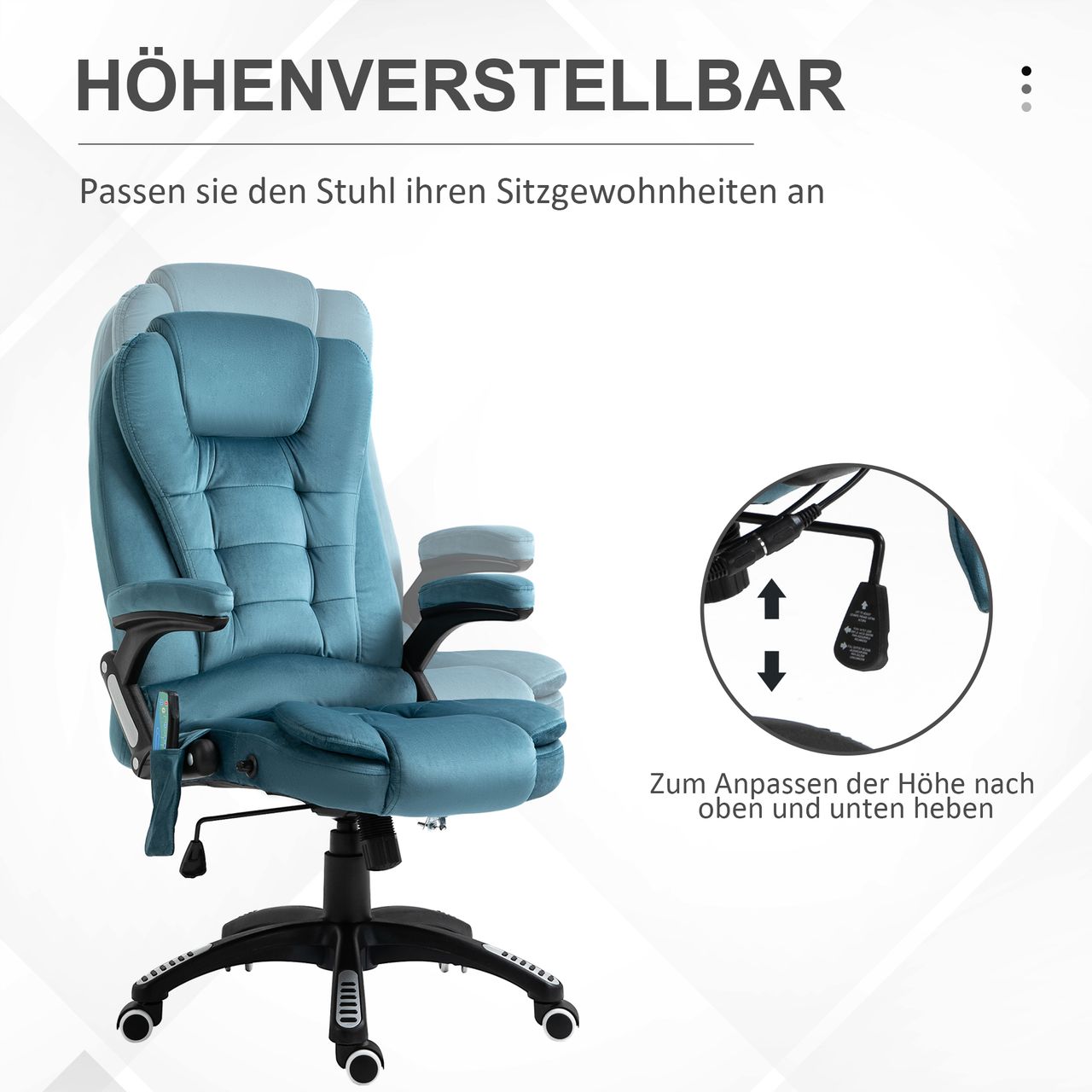 HOMCOM Vinsetto Massagesessel Chefsessel mit Massagefunktion höhenverstellbarer Drehstuhl ergonomischer Gamingstuhl Bürostuhl massage Blau 68 x 72 x 110-120 cm