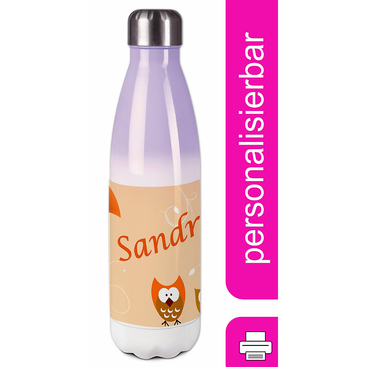 Edelstahl Kinder Thermoflasche / Trinkflasche bunt Eule Farbe orange Spülmaschinenfest, Auslaufsicher, Bruchfest, Doppelwandig, Für Heißgetränke geeignet, Mit Deckel, Isoliert