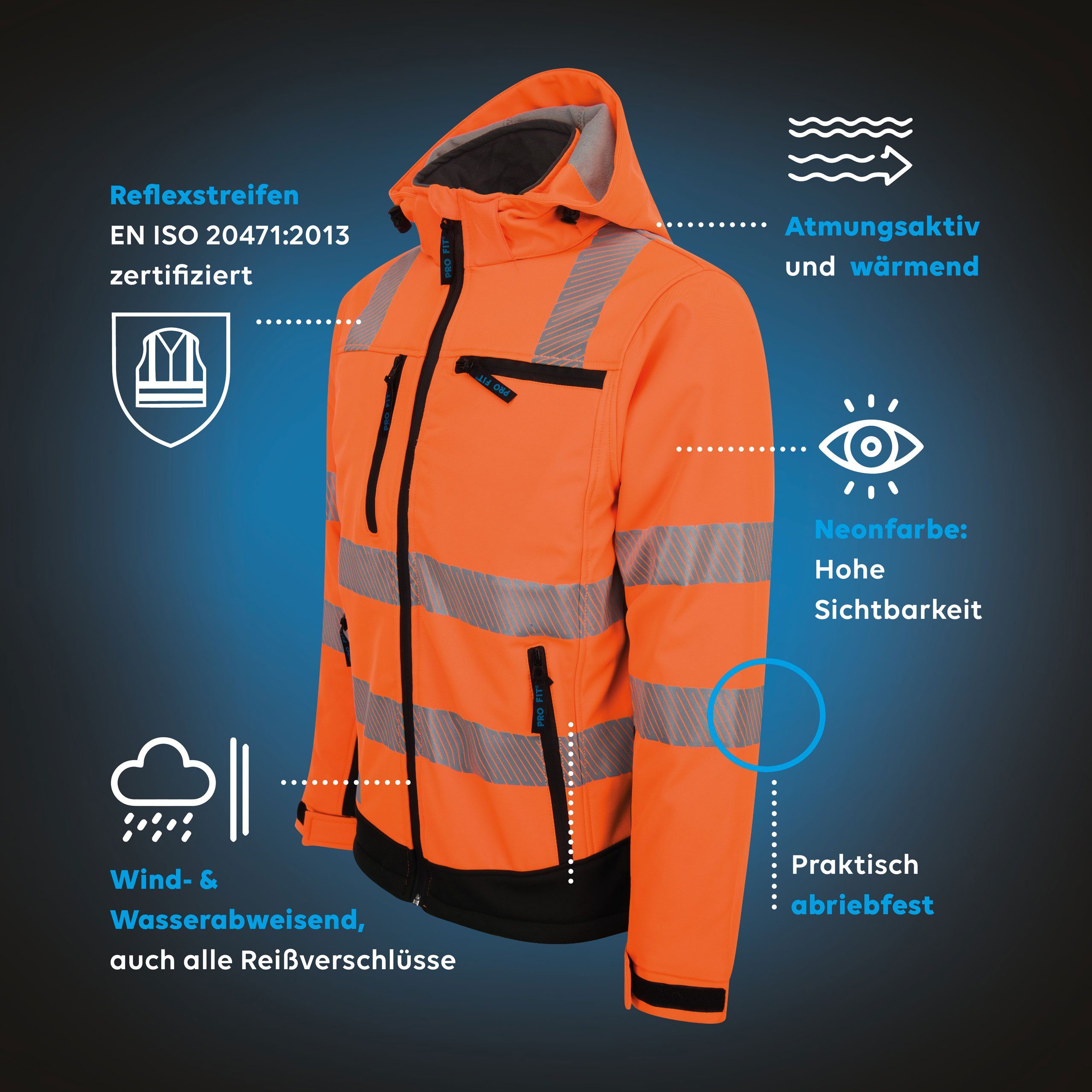 PRO FIT by Fitzner Arbeitsjacke Winter Warnschutz-Softshelljacke Neonorange/Schwarz (1, Stück) Wind- & Wasserabweisend, Reflektionsstreifen, Steppfutter, Atmungsaktiv