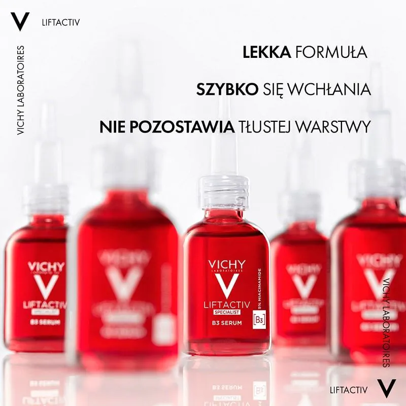 „Vichy Liftactiv Specialist B3“ serumas odos dėmėms ir raukšlėms mažinti su 5 % niacinamido.