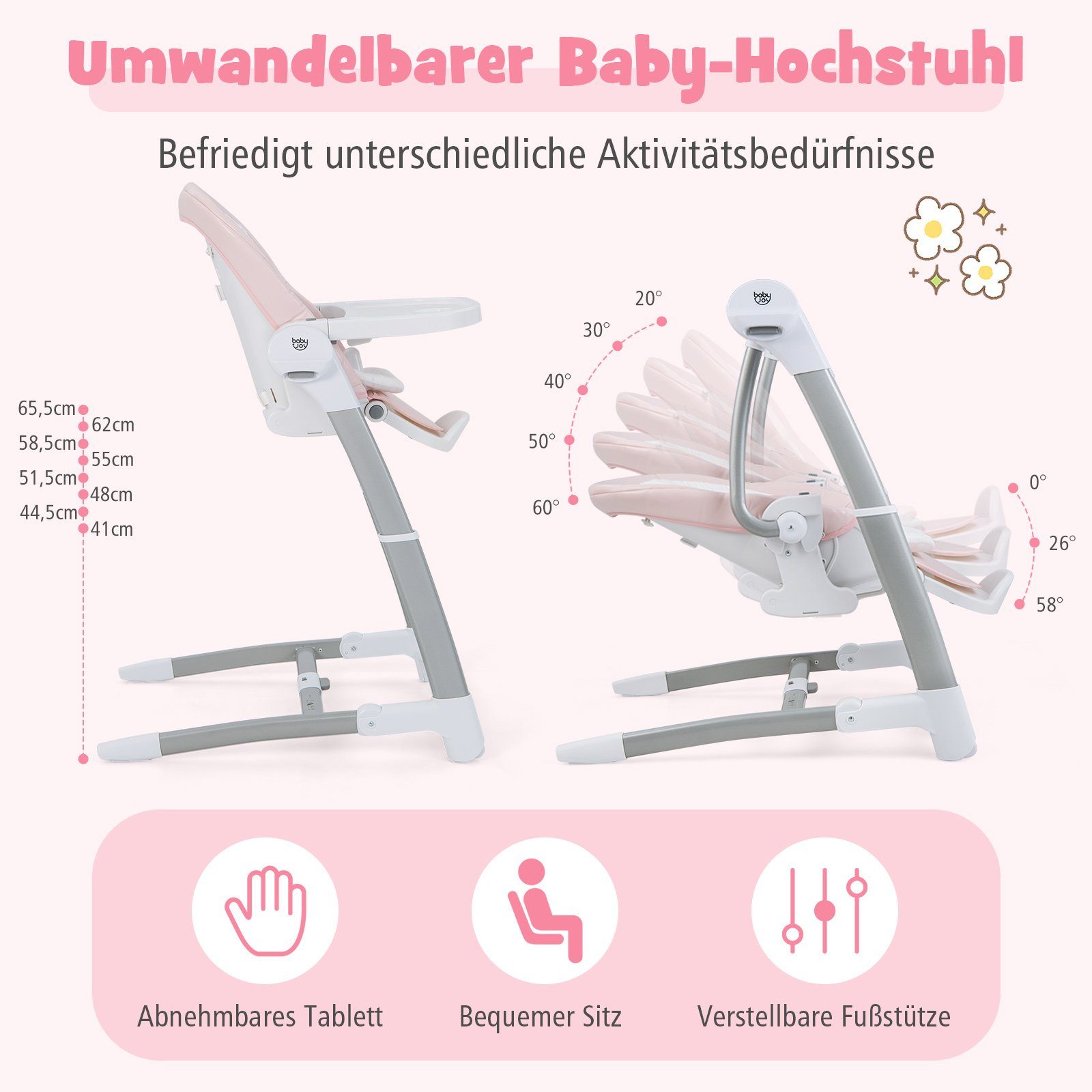 COSTWAY Kombihochstuhl 3 in 1 Babyschaukel, verstellbar