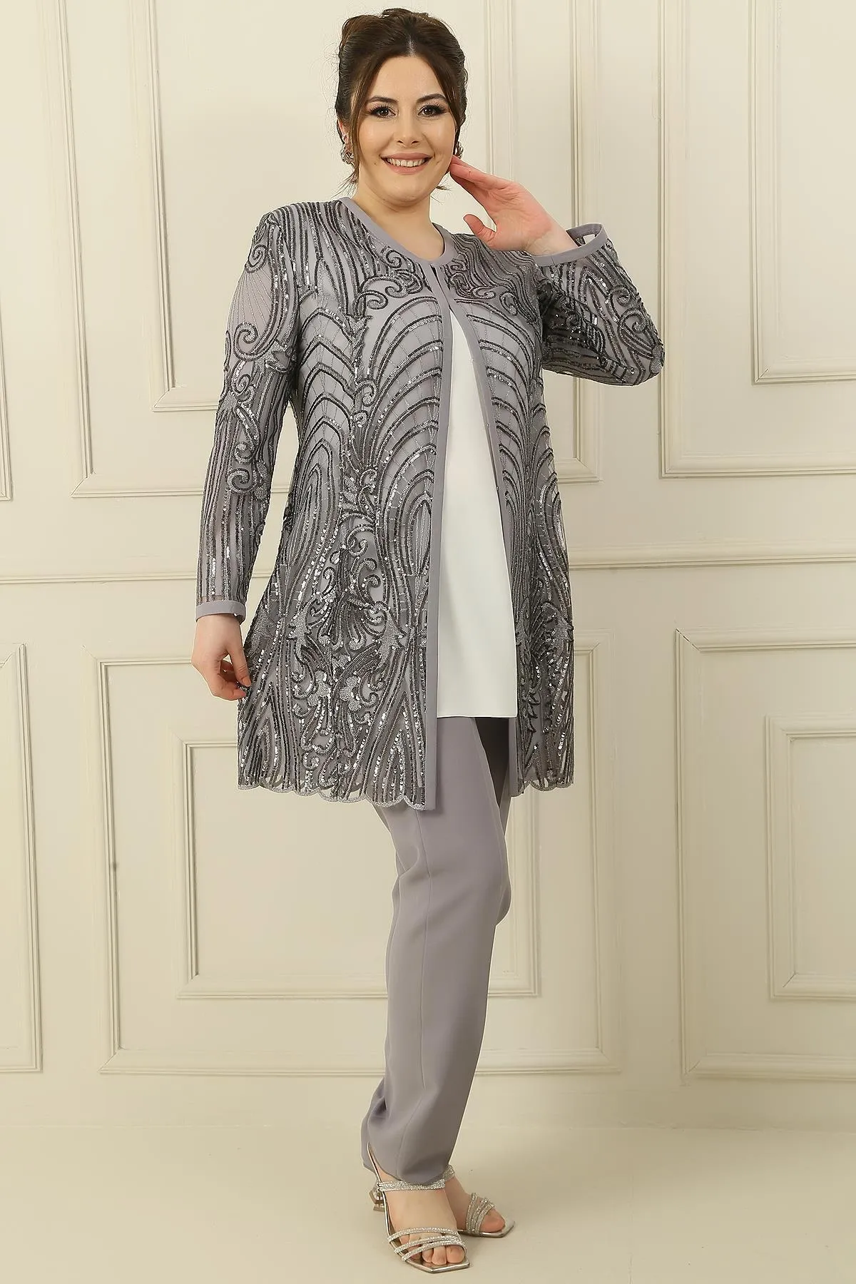 By Saygı  Tanktop mit geripptem Futter, Blumenstickerei, bestickte Jacke und Hose, große Größe, 3-teiliges Set