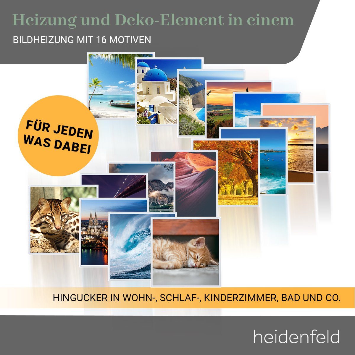 Heidenfeld Infrarotheizung Elektroheizung HF-HP105 Strand 3 mit Thermostat, 300 - 1000 W, Infrarot Wand Bild Heizung Heizkörper - 10 J. Garantie - 28 Programme