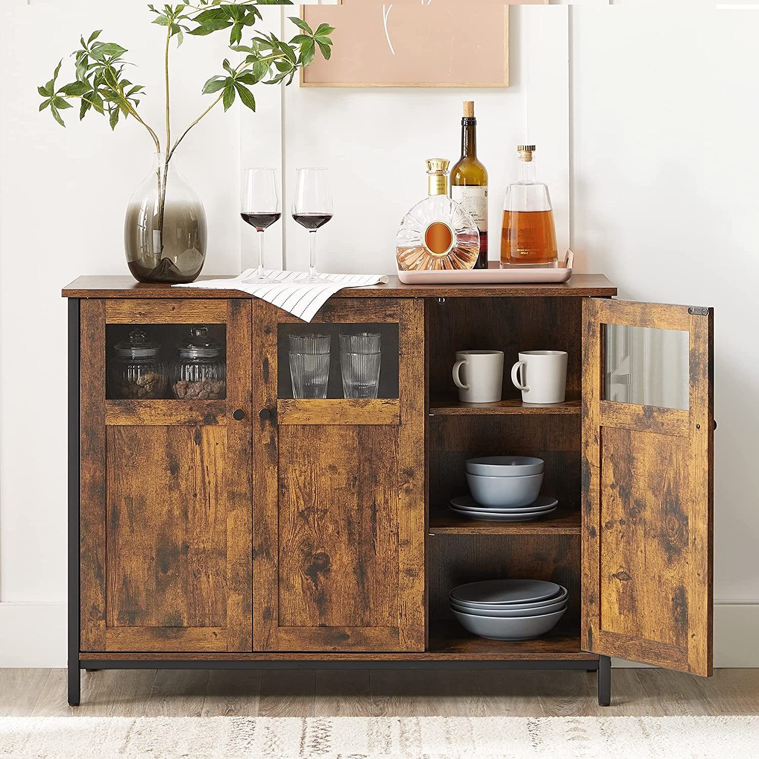 VASAGLE Sideboard, 100 x 35 x 75 cm, verstellbaren Ablage, mit Glastüren