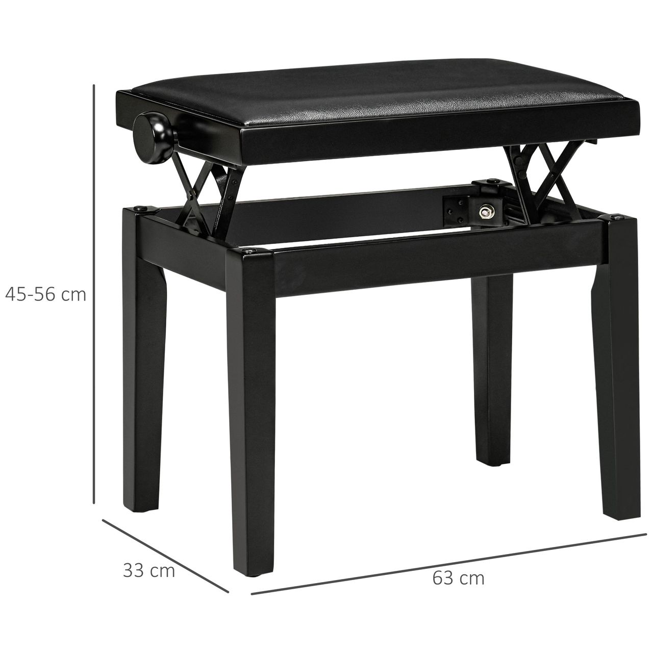 HOMCOM Klavierhocker Höhenverstellbare Klavierbank mit Lederkissen Pianobank Kunstleder Gummiholz Schwarz 63 x 33 x 45-56 cm