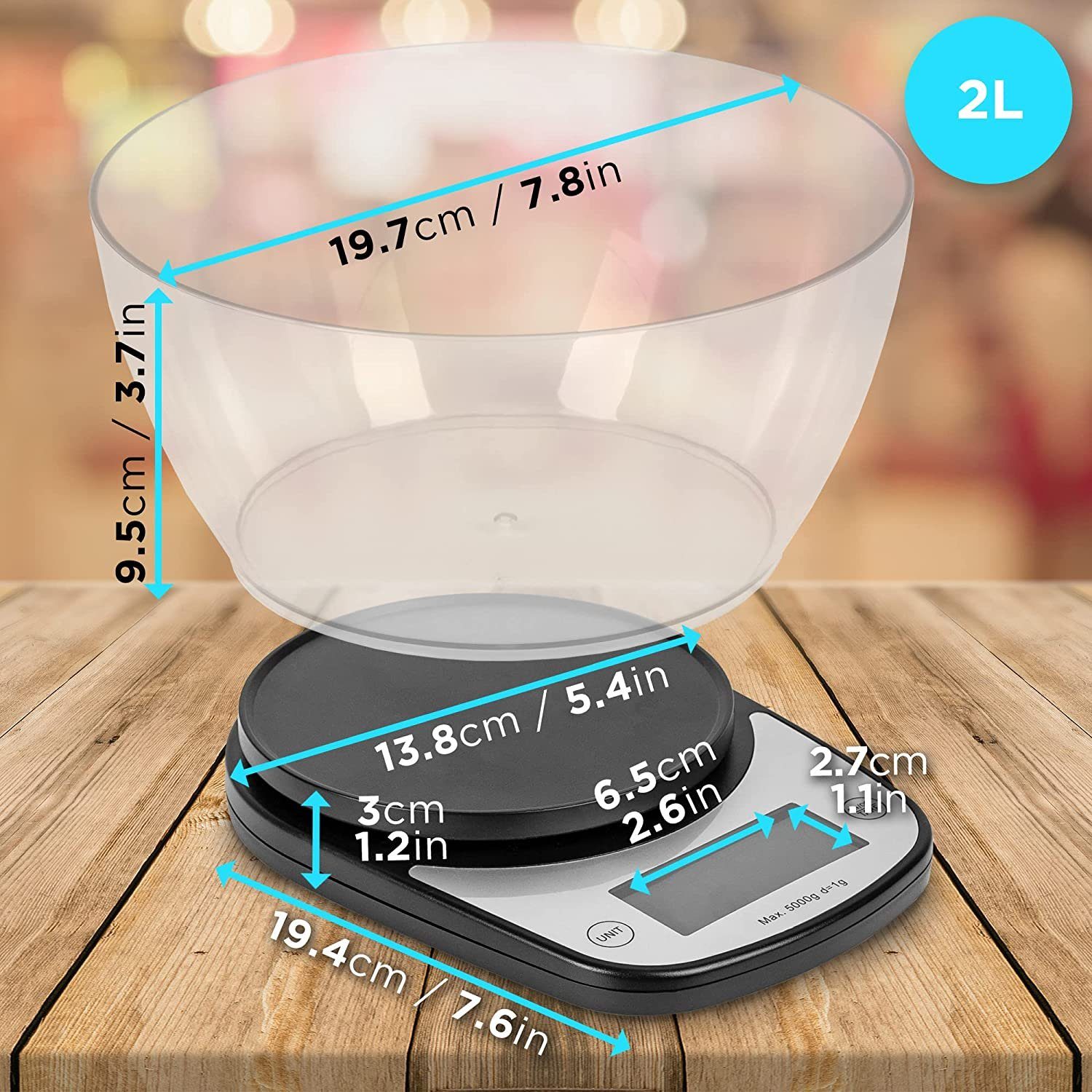 Duronic Küchenwaage, KS5000 BK/CR Küchenwaage, 5 kg Digitalwaage oval mit 2,5 L Schüssel