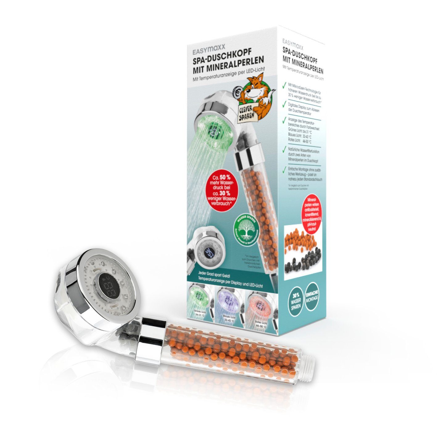EASYmaxx Regenduschkopf LED-Farbwechsel 6cm mit Mineralkugeln, (1-tlg), Wassersparendender Spa Duschkopf, Digitale Temperaturanzeige