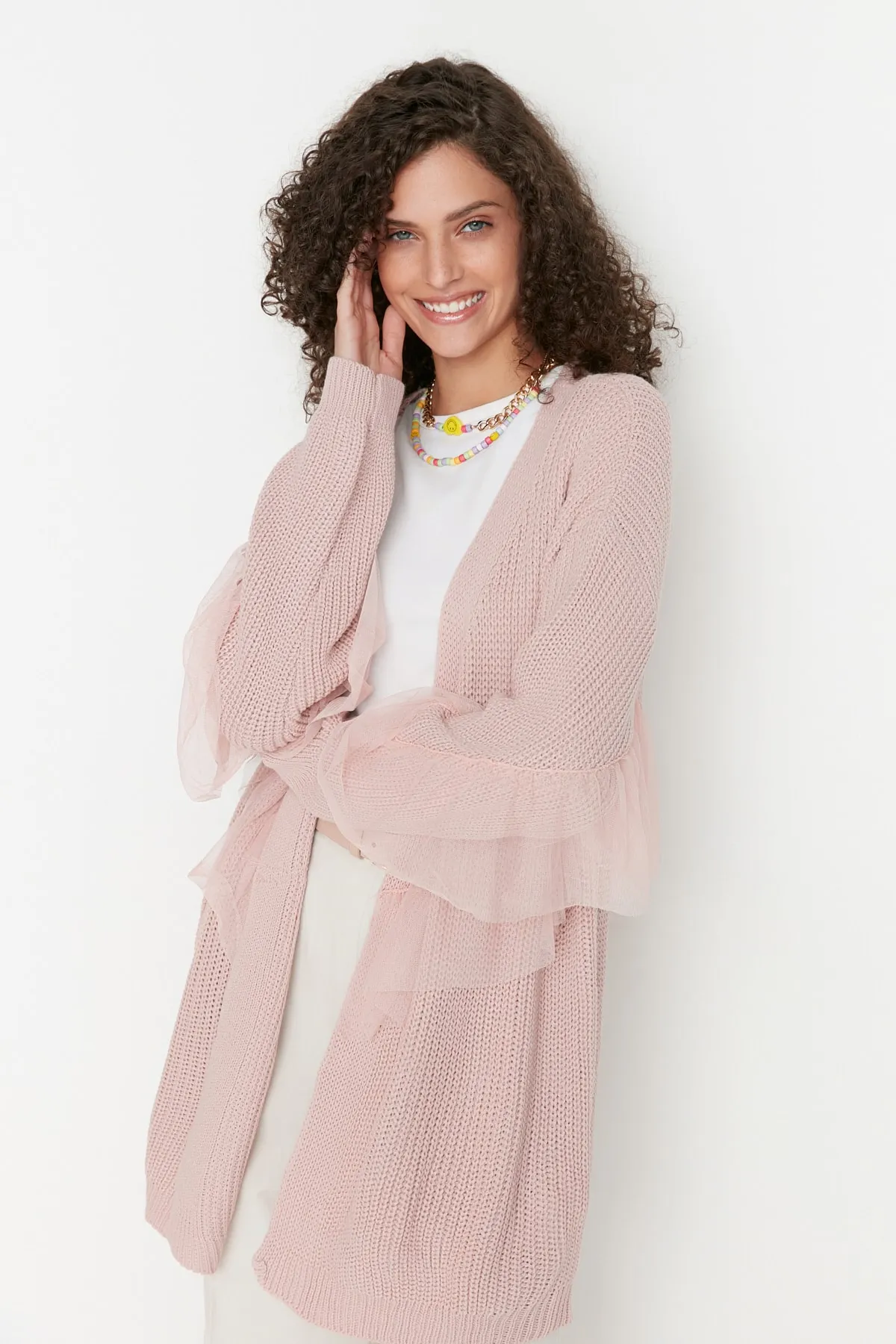 Trendyol Collection  Puderfarbener Tüll-Strick-Cardigan TWOAW20FV0048