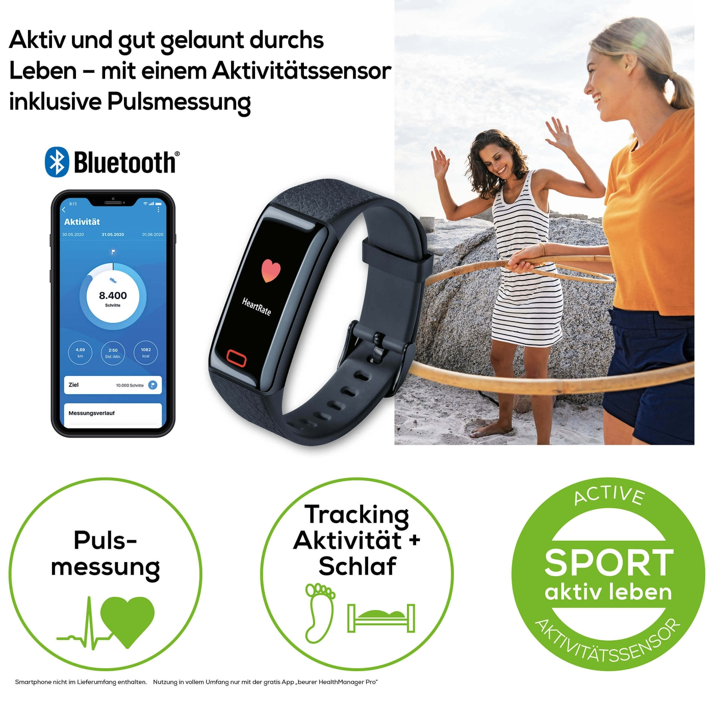 Beurer Aktivitätssensor AS 98 Pulse-Fitnessuhr mit Nachrichtenfunktion, Pulsmessung, Schlaf- & Aktivitätstracking
