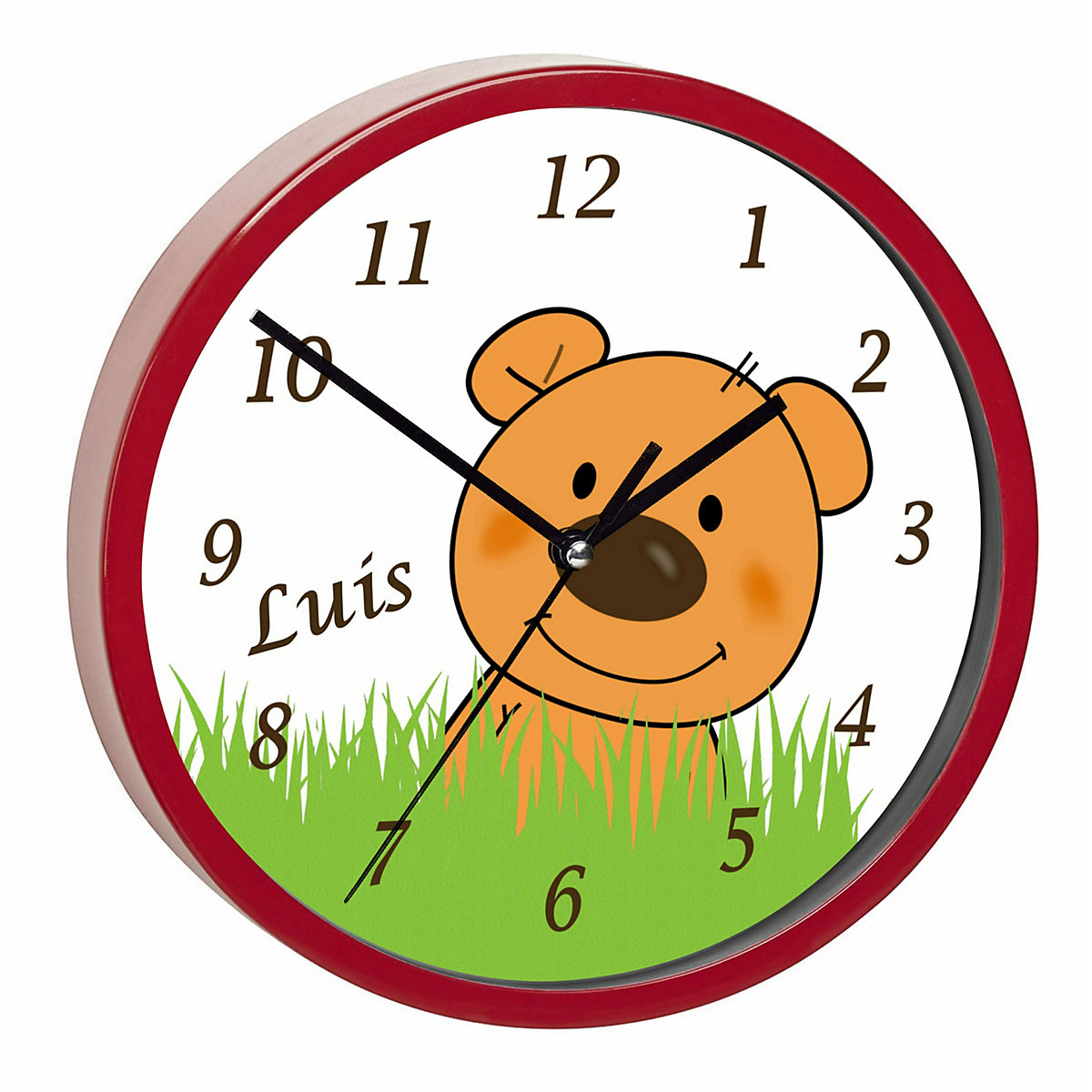 Kinder Wanduhr laufruhig personalisiert mit Name Teddy Bär-Graß