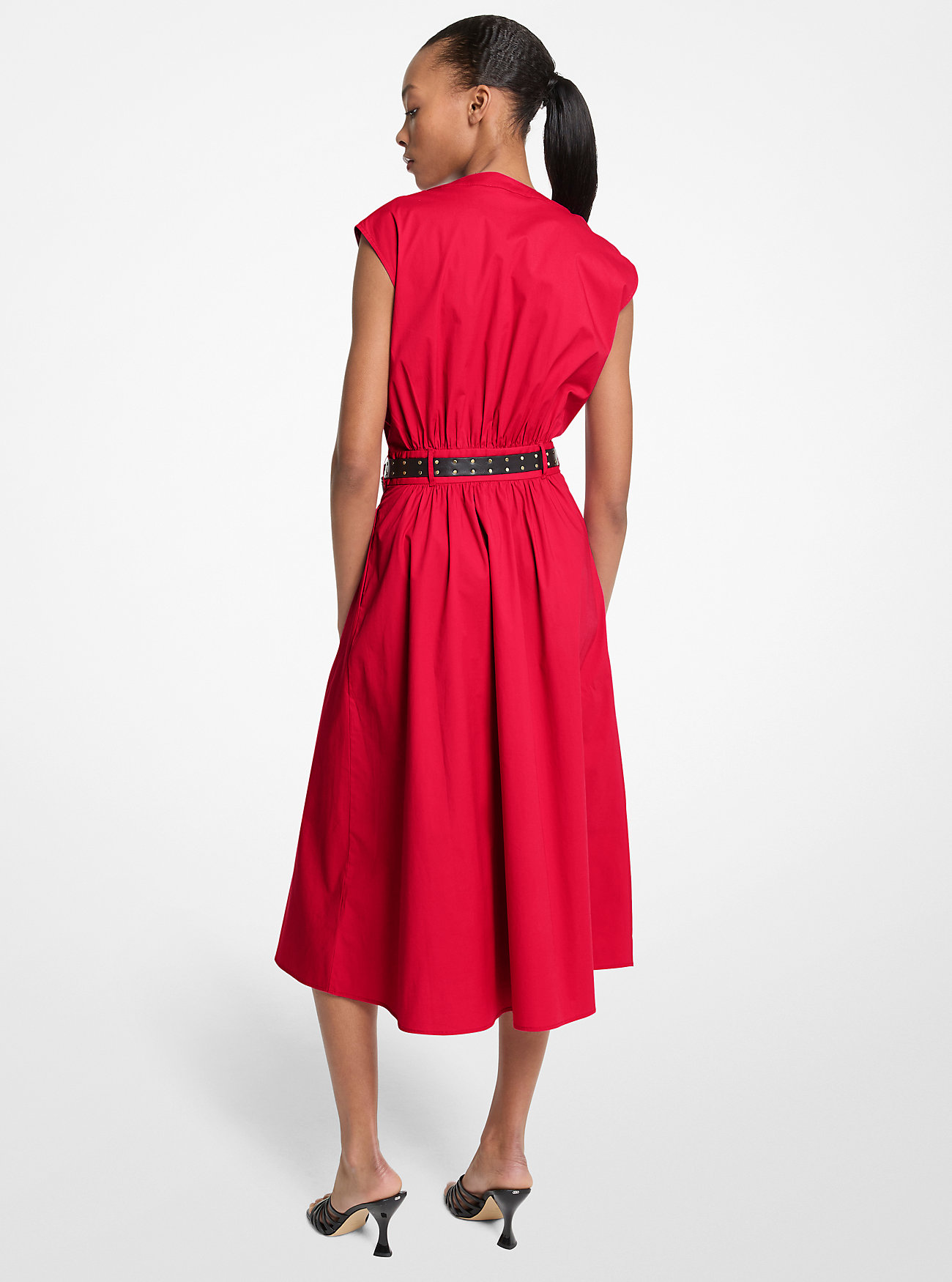 Stretch Cotton Poplin Belted Dress - CRIMSON