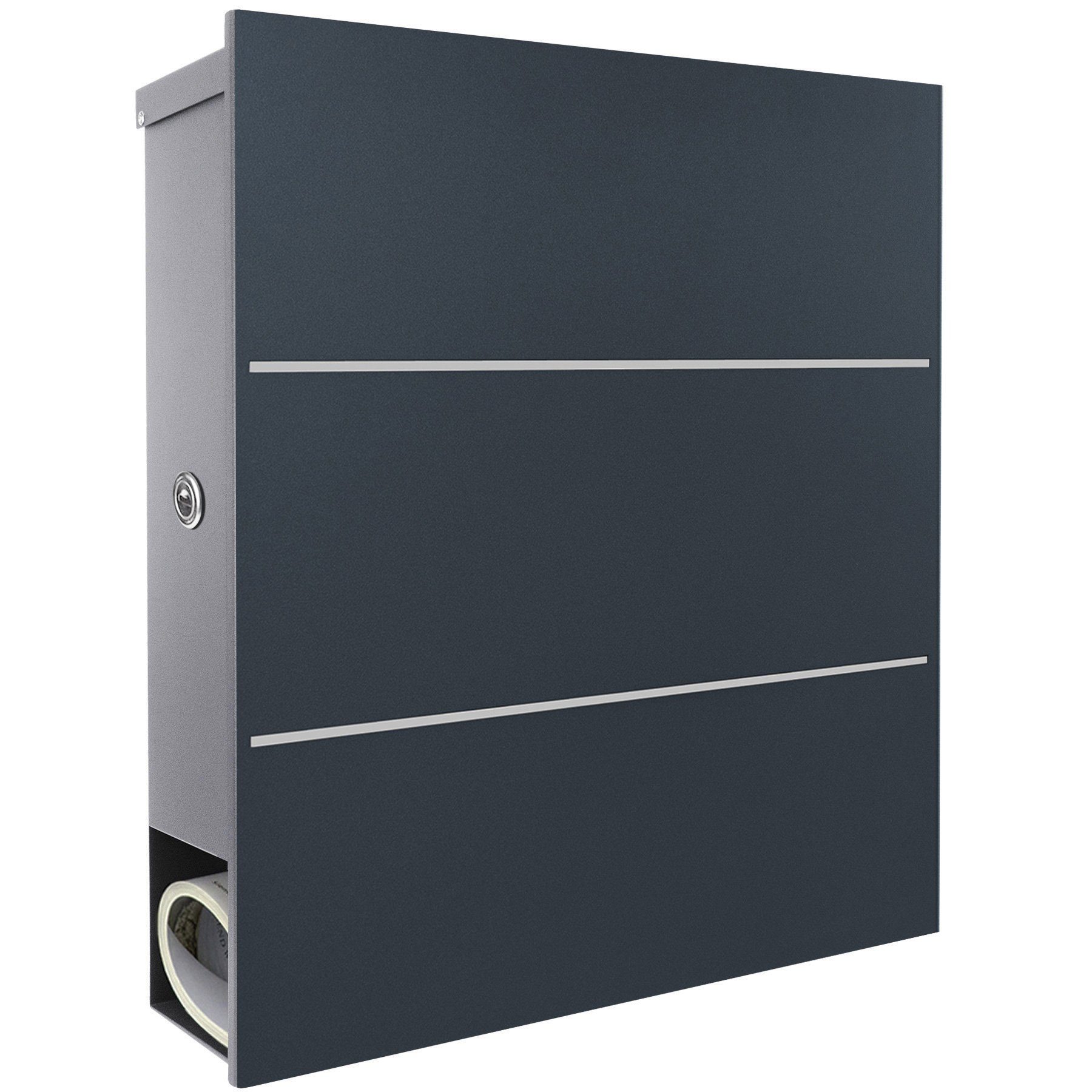 MOCAVI Briefkasten MOCAVI Box 141R Design-Briefkasten mit Zeitungsfach anthrazit-grau (RAL 7016) mit Edelstahl-Detail, integriert, passender Verschluss (zusätzlich bestellbar) für Wetterseite, beidseitig nutzbar: Box Vers 1 7016, Box Vers 1 VA
