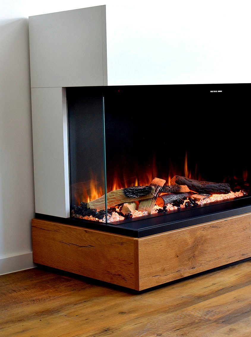 GLOW FIRE Elektrokamin Einstein rechts E-Motion 3D LED, täuschend echte Flamme mit Heizung, Kristall- und Holz Dekoration