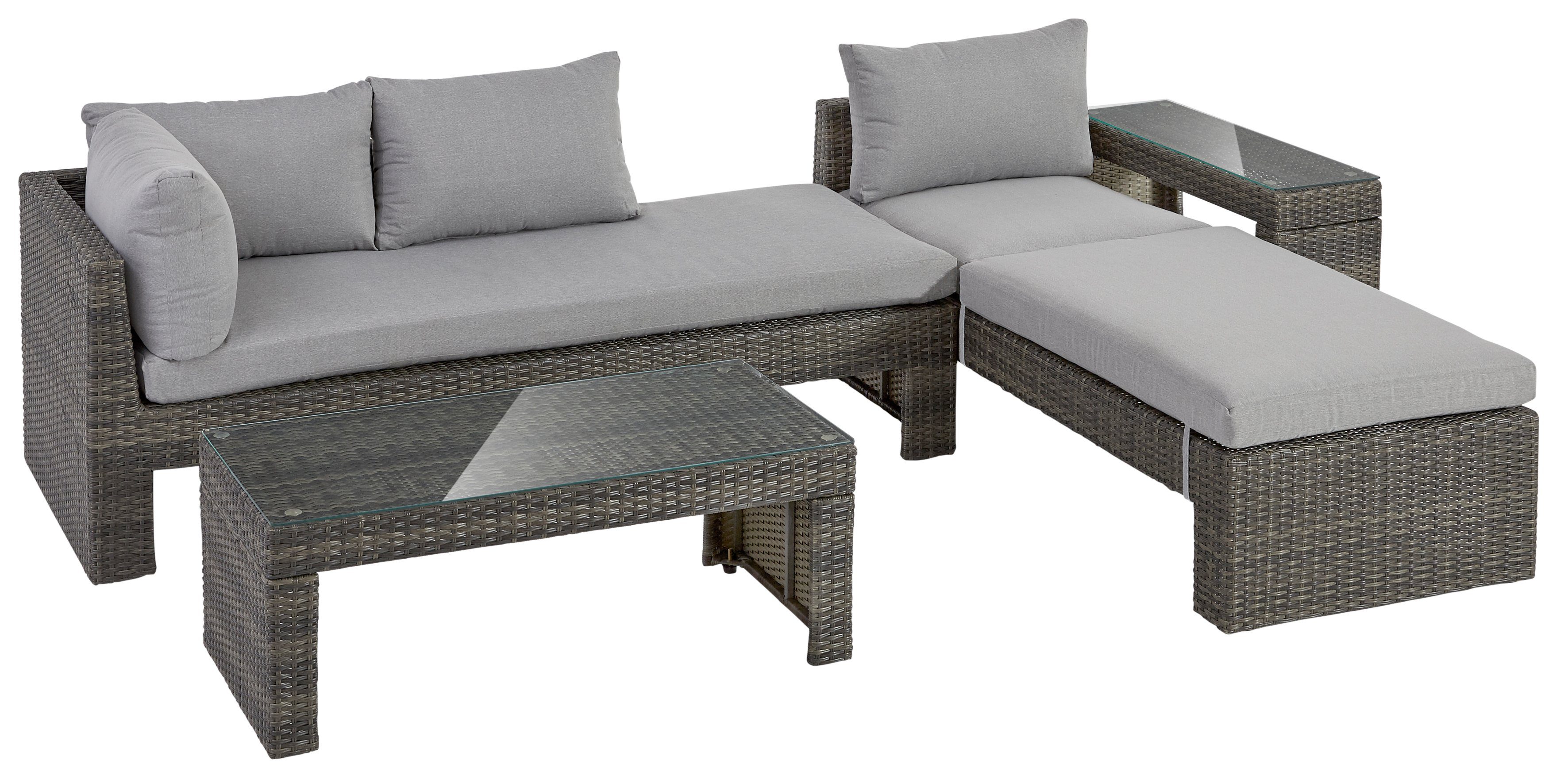 KONIFERA Gartenlounge-Set Parga, (Set, 4-tlg., 2x Sofa, 2x Tisch, Stahl, Polyrattan), verstellbares Kopfteil, inkl. Auflagen