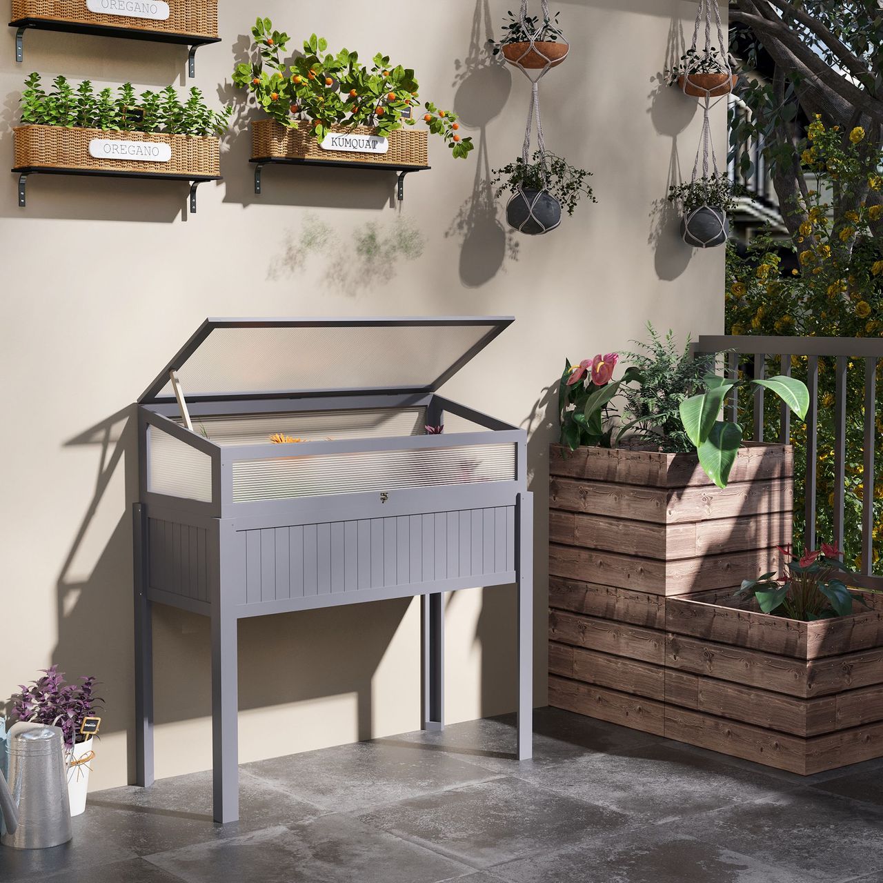 Outsunny Hochbeet Holz mit Frühbeet 2-in1 Gewächshaus Tomatenhaus Gemüsebeet Kräuterbeet Pflanzkasten für Garten Balkon und Terrasse Polycarbonat Grau 120 x 54 x 112/122 cm