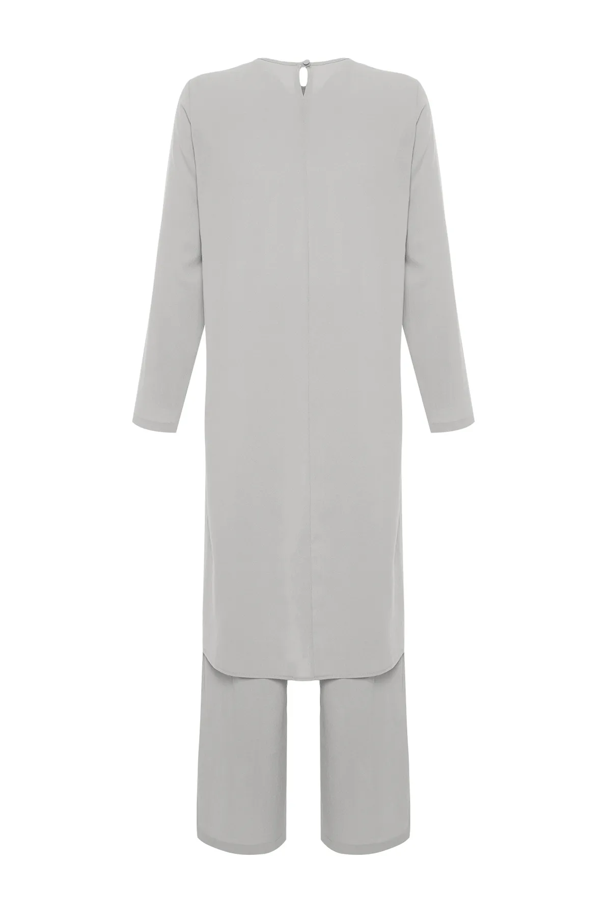 Trendyol Modest  Graues asymmetrisches gewebtes Tunika-Hosen-Oberteil- und Unterteil-Set TCTSS24US00074