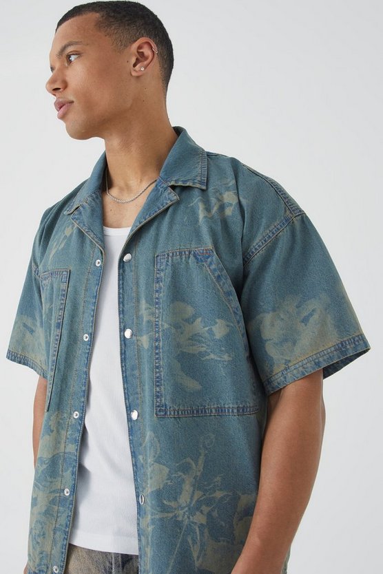Tall kastiges Jeanshemd mit Renaissance Laser-Print