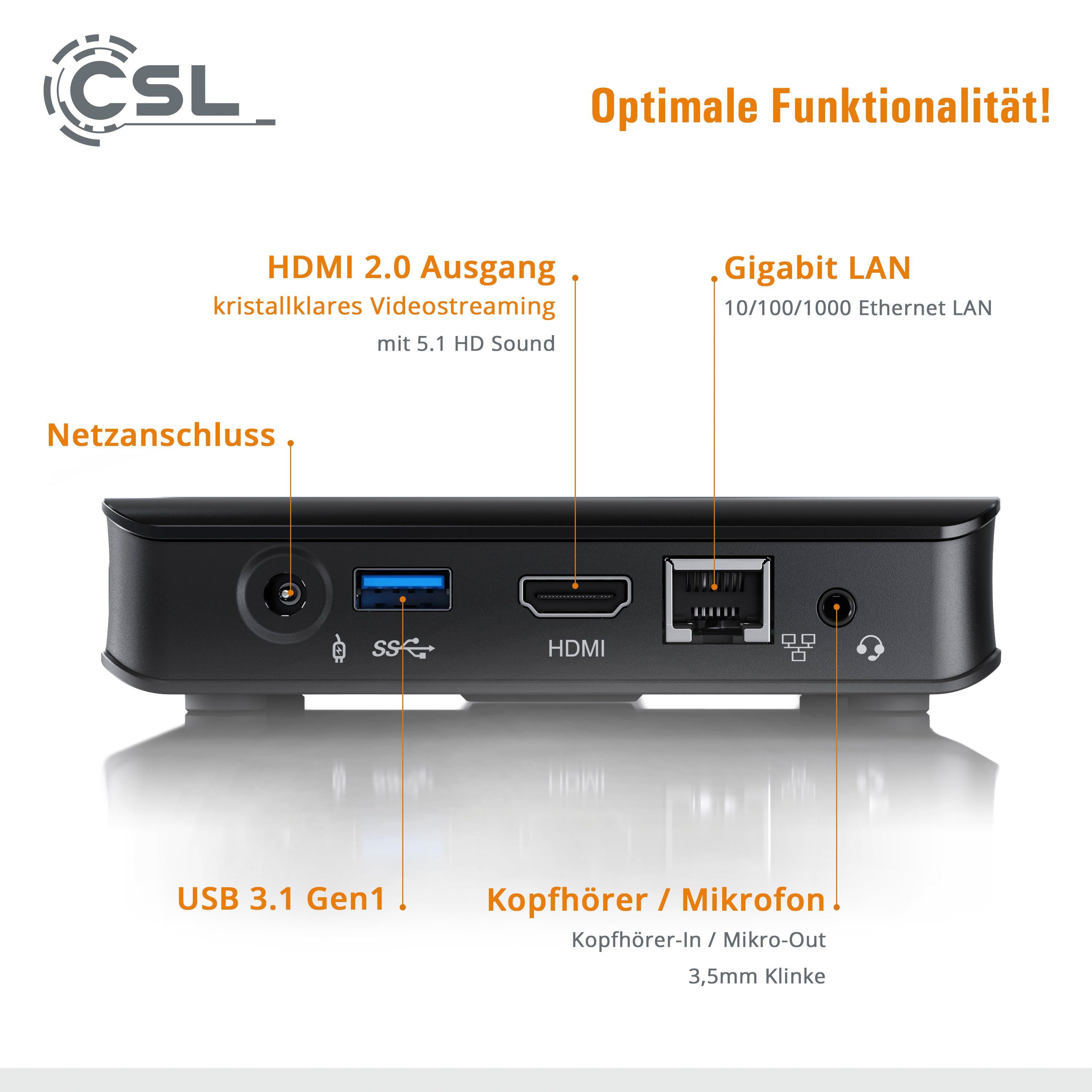 CSL Narrow Box Ultra HD Compact v4 / 256GB M.2 SSD/ Win 10 Pro Mini-PC (Intel Celeron N4120, UHD Graphics 600, 4 GB RAM, passiver CPU-Kühler)