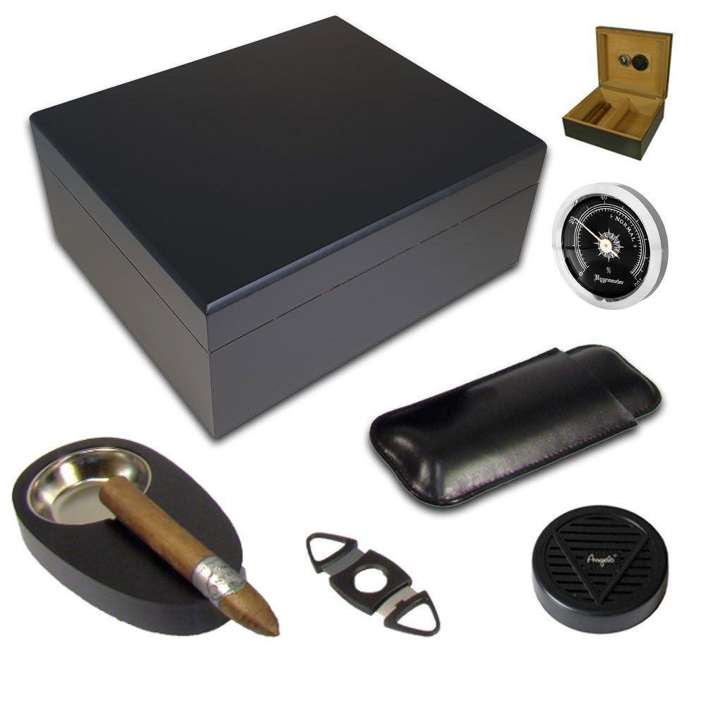 Coumo Humidor Edles Schwarzes Geschenk Set, Für ca. 50 Zigarren, Schneider, Etui