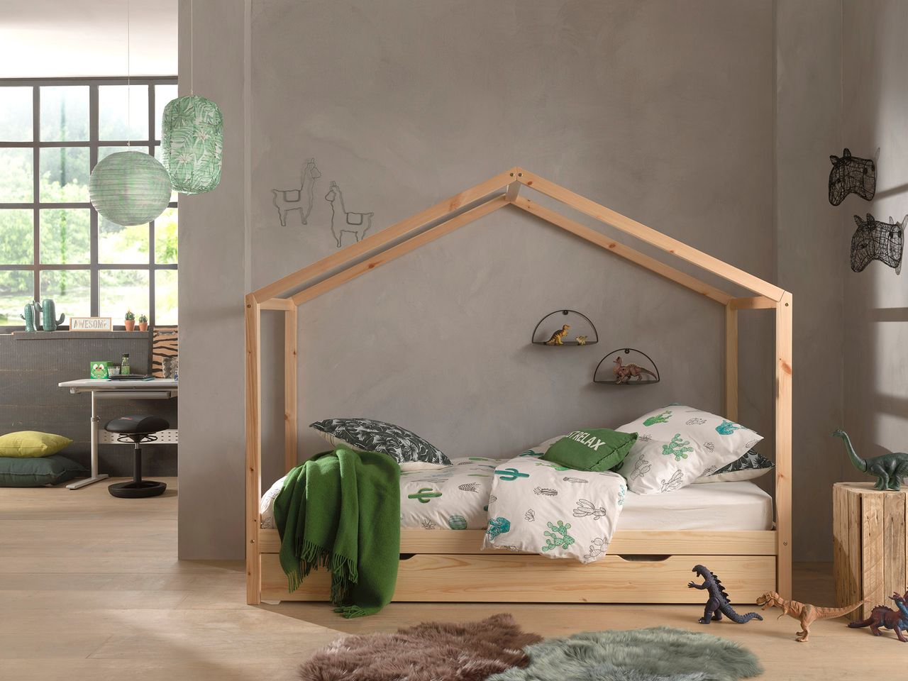 VIPACK Dallas 3 Hausbett 90 x 200 cm Liegefläche inkl. Bettschublade, Natur