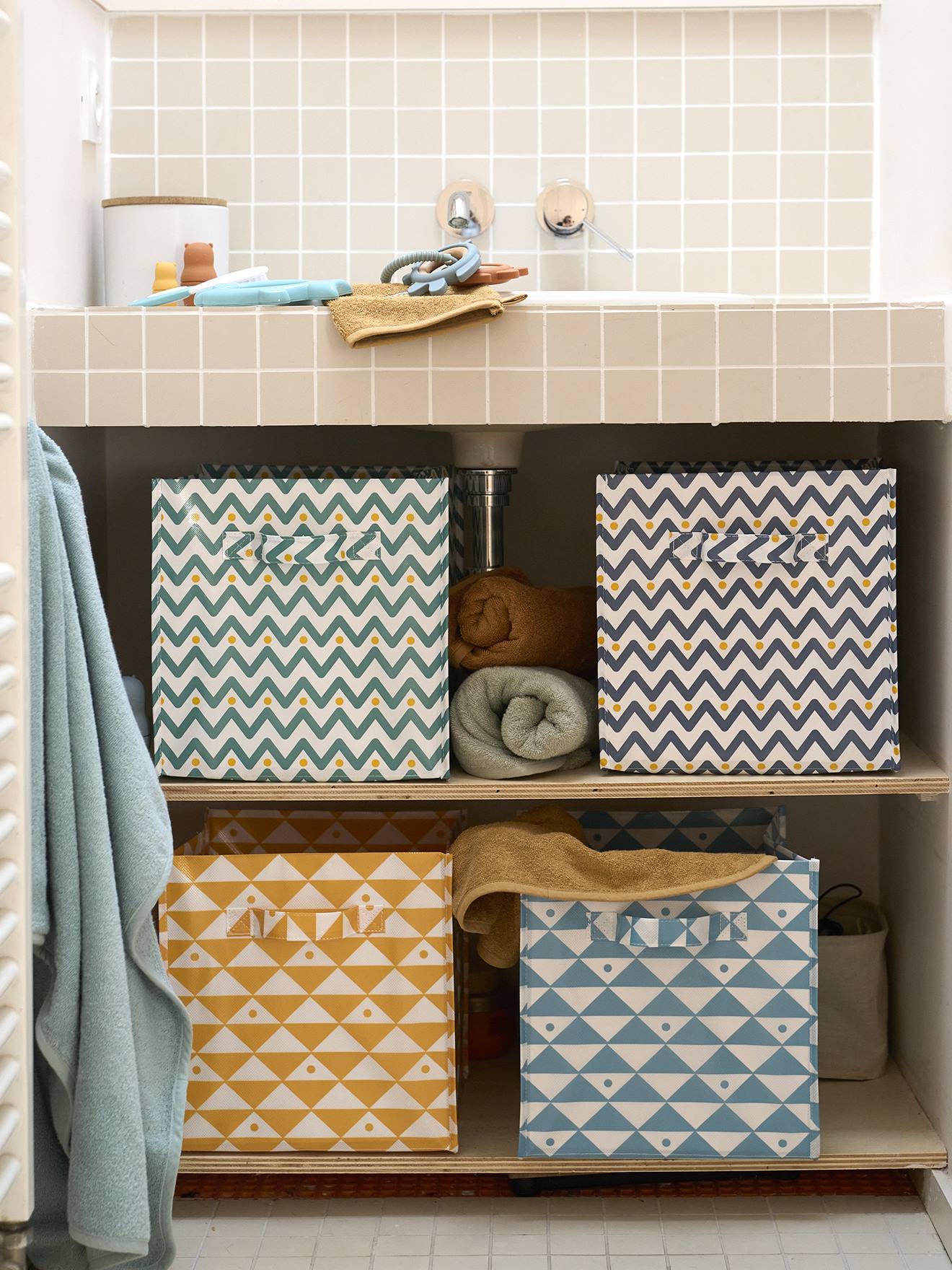 Lot de 2 bacs de rangement jaune + bleu