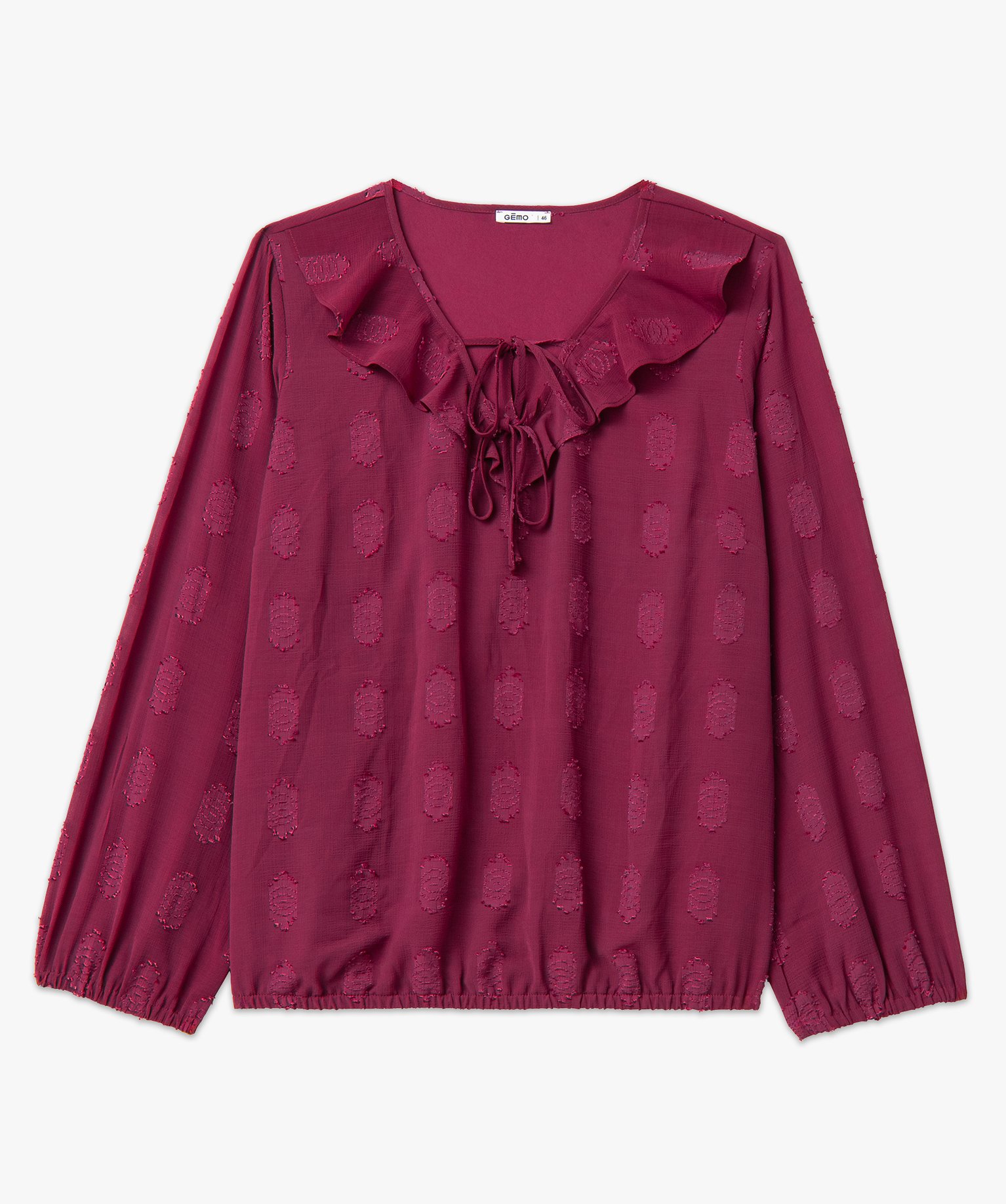 Blouse à manches longues avec col à volant femme grande ta... bordeaux | GEMO