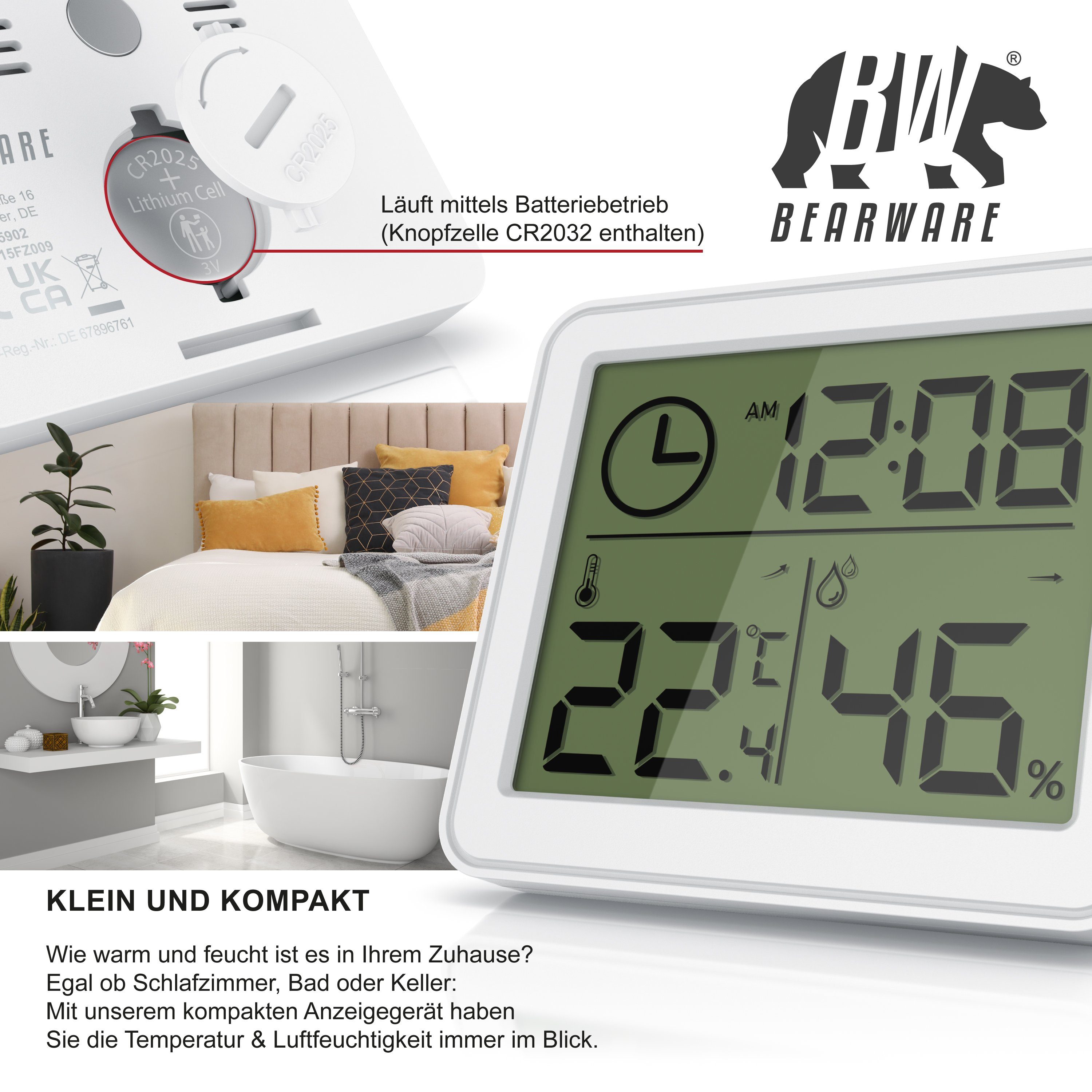 BEARWARE Innenwetterstation (Haltemagneten, Thermometer Hygrometer zeigt Temperatur, Luftfeuchtigkeit & Uhrzeit an)