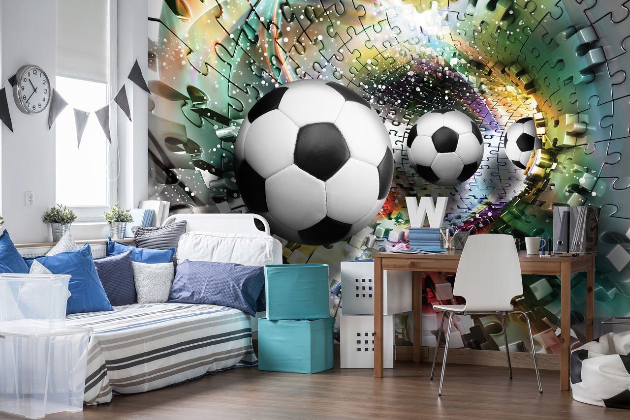 Wallarena Fototapete Kinderzimmer Jungen Fußball 3D EFFEKT Tunnel Puzzel Kinder Vlies Tapete für Jungenzimmer oder Babyzimmer Vliestapete Wandtapete Motivtapete, Glatt, 3D-Optik, Vliestapete inklusive Kleister