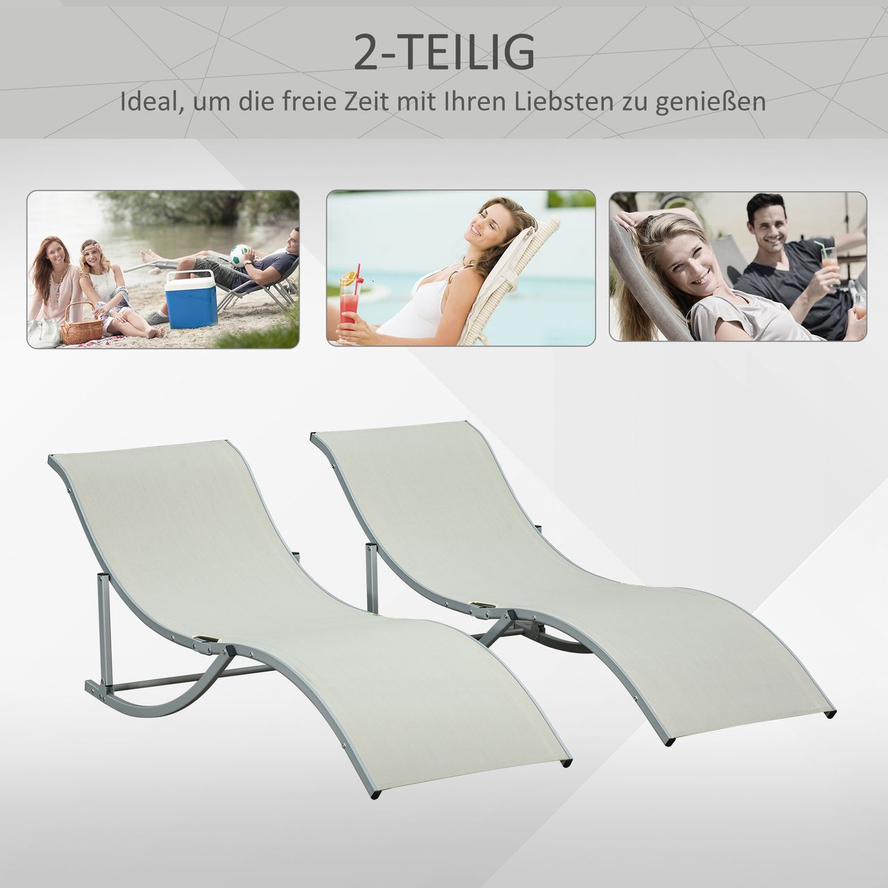 Outsunny 2er Set Sonnenliege Gartenliegen Stoffliege Relaxliege ergonomisch Aluminium Texteline Beige 165 x 61 x 63 cm