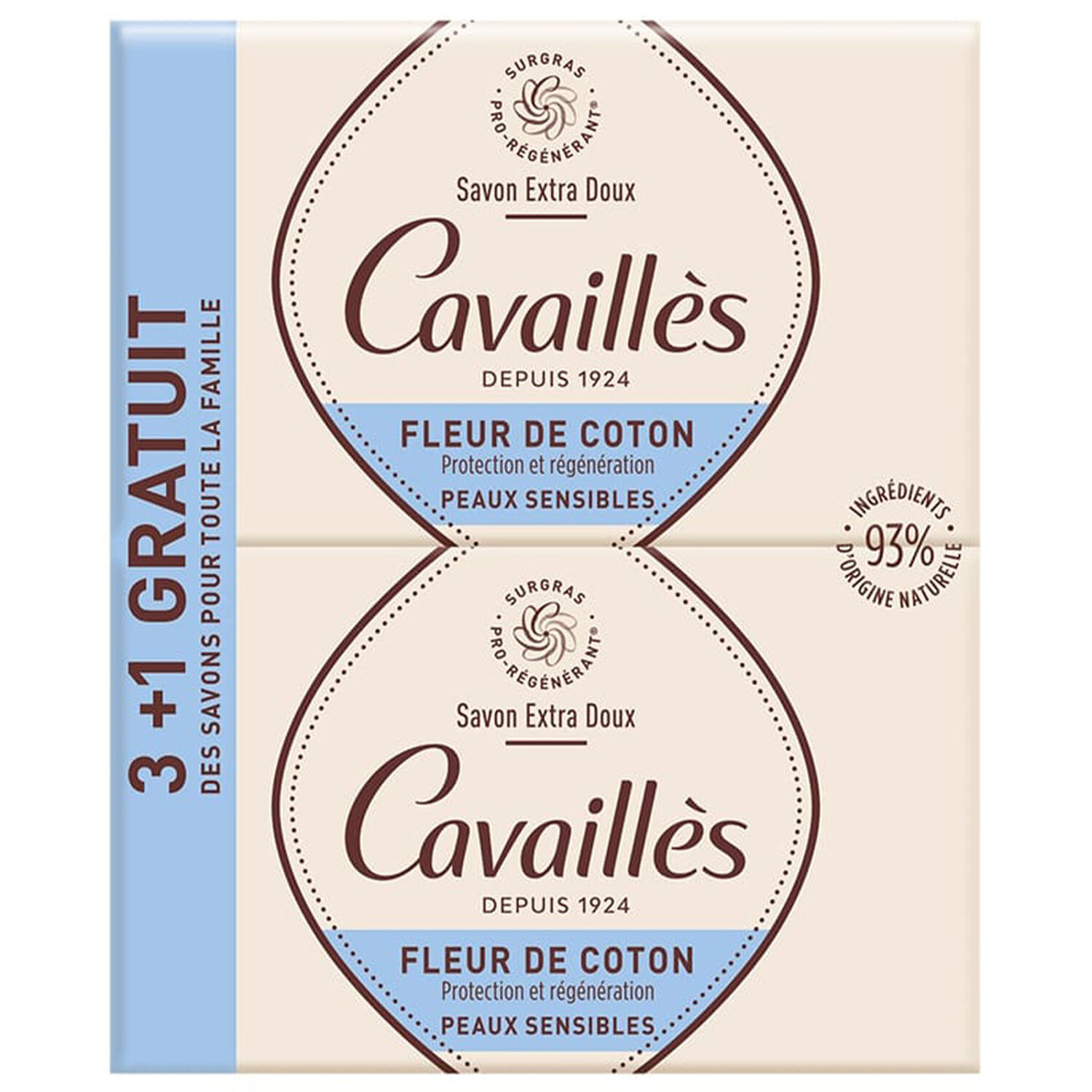 Cavaillès Fleur de Coton Savon Extra Doux - Lot de 3 x 250 g + 1 Gratuit