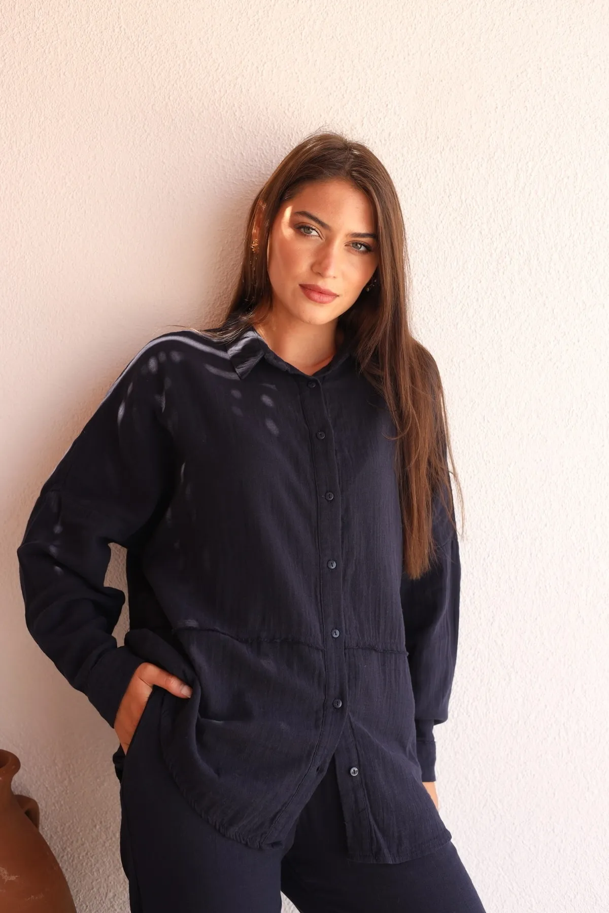 Laluvia  Marineblauer, roher Leinenhemd-Hose-Damenanzug