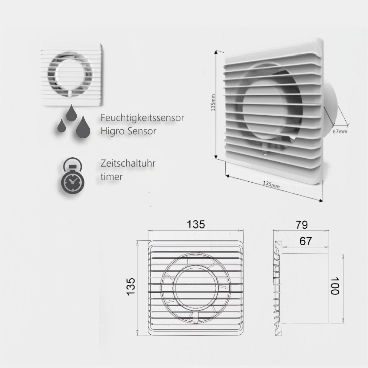 ADAKAT Wandventilator I Badlüfter 100mm I mit Zeitschaltuhr und Feuchtigkeitssensor