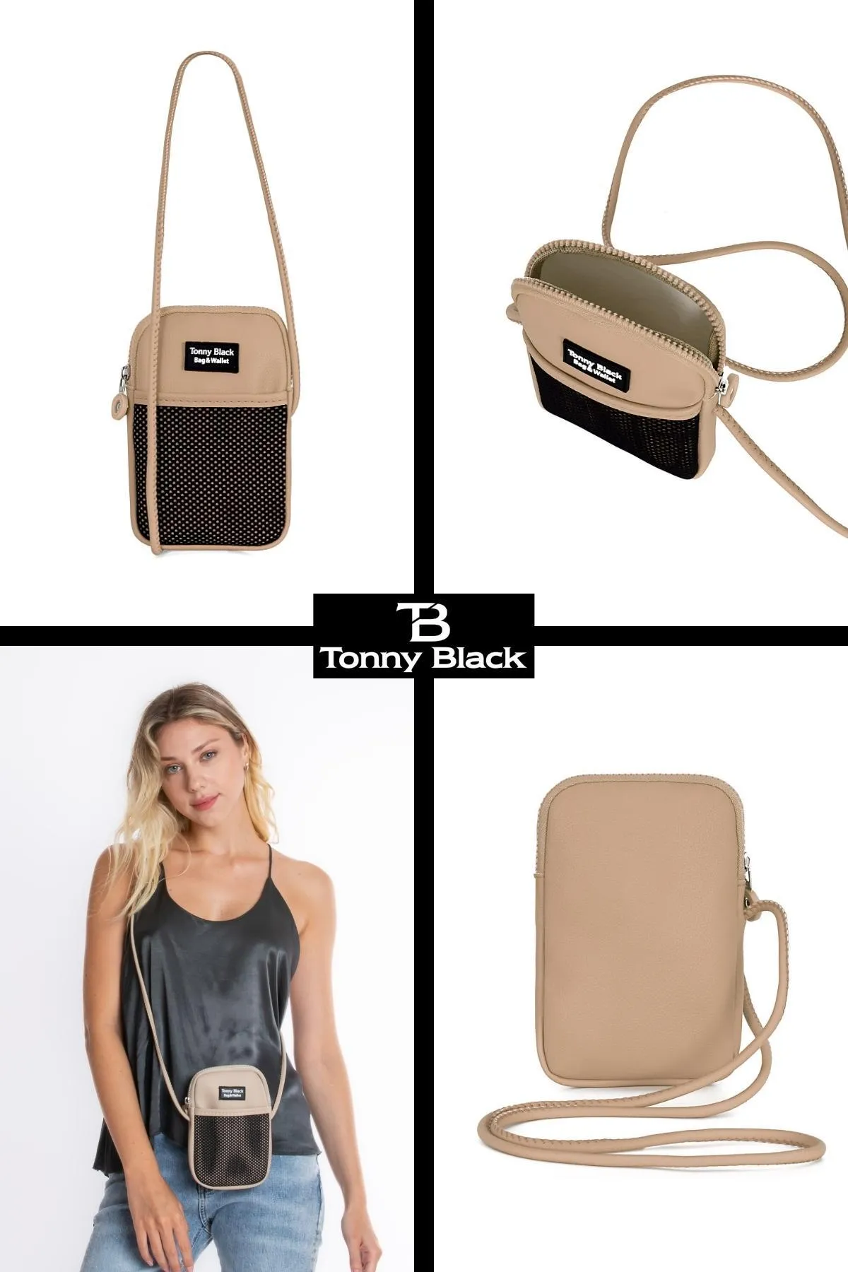 Tonny Black  Original Handyfach, kreuzverstellbarer Riemen, Netz-Augen-Handyhalter mit Reißverschluss, Umhängetasche