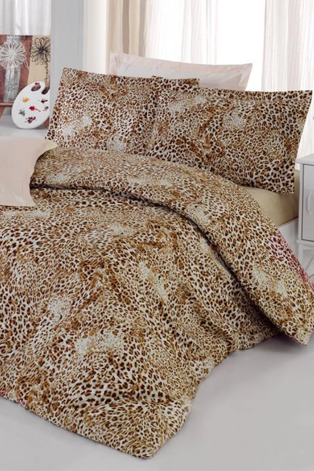 Çeyiz Diyarı  Doppelbettbezug-Set aus Baumwollsatin mit Leopardenmuster, Braun