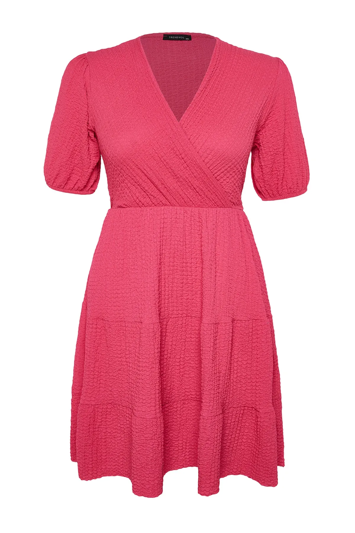 Trendyol Curve  Fuchsiafarbenes Skater-Strickkleid mit V-Ausschnitt und zweireihigem Verschluss TBBSS22EL2987
