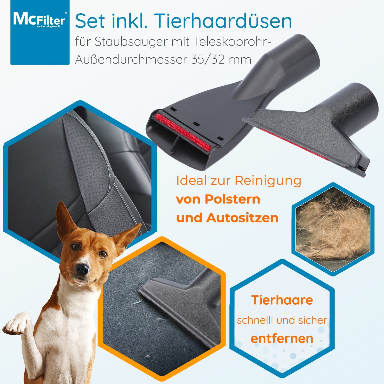 McFilter Staubsaugerdüsen-Set Universal 12-teilig, Zubehör für alle Staubsauger mit 32/35mm Anschlussdurchmesser, inkl. Adapter, (12-tlg), mit Polsterdüse, Fugendüse, Flachpolsterdüse, Möbelpinsel, Möbelbürste