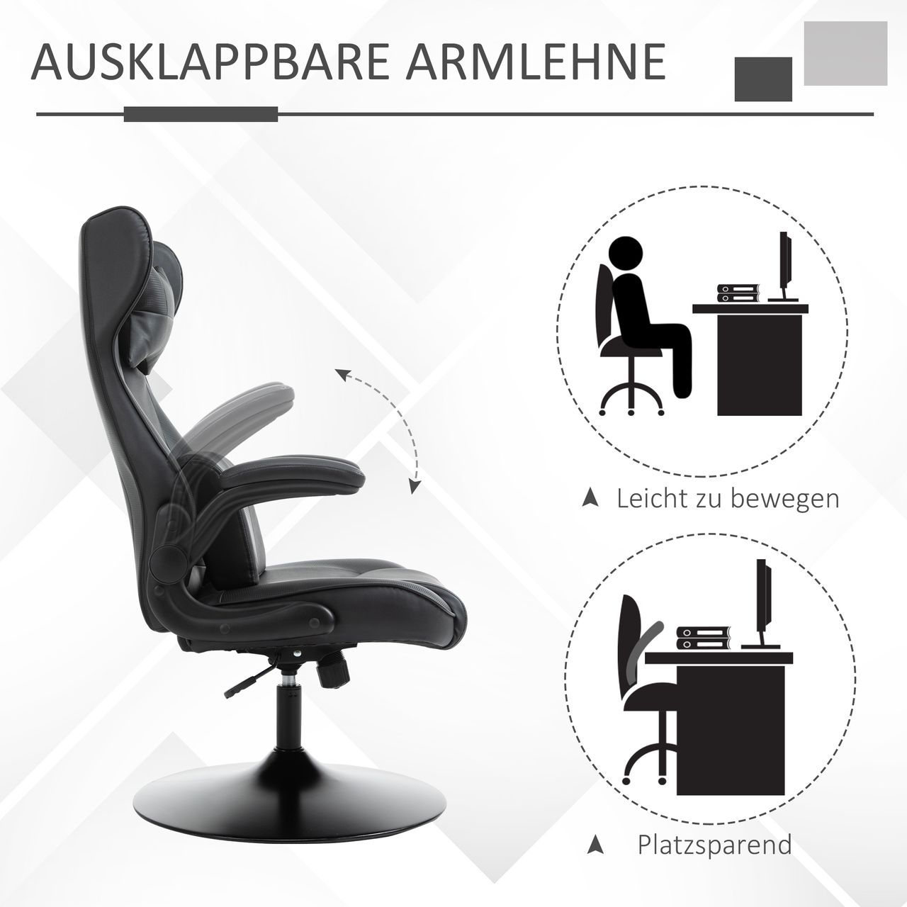 HOMCOM Gaming Stuhl Ergonomischer Computerstuhl Bürostuhl Schreibtischstuhl mit Wippenfunktion und Lendenkissen Drehstuhl höhenverstellbar gepolsterter Sitz Metall Schwarz 67x71x112 cm
