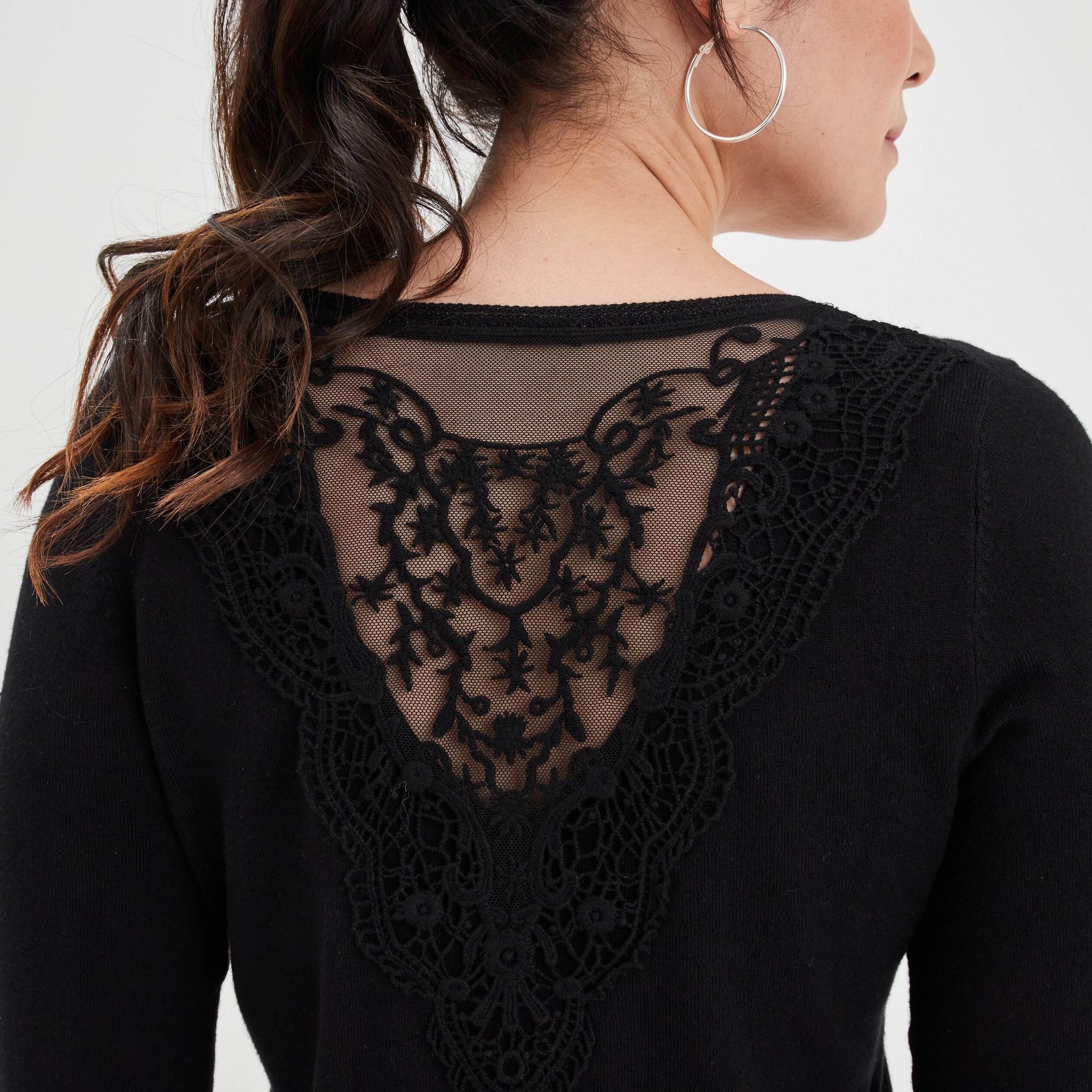 Pull dos dentelle manches 3 4 Mosquitos noir femme | La Halle
