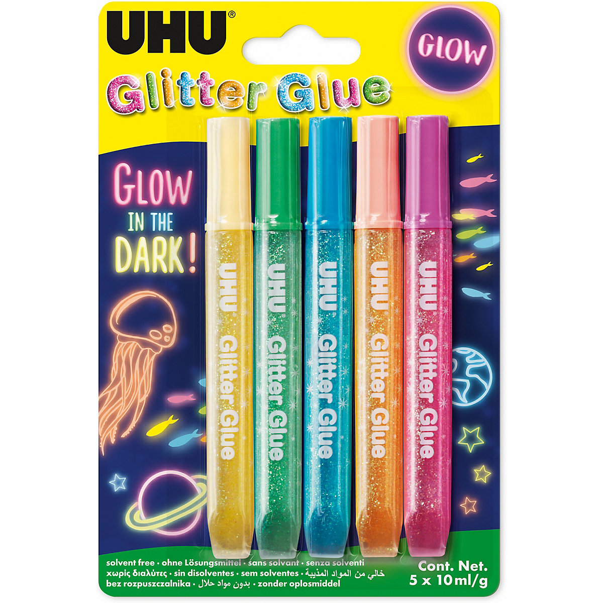 UHU Glitzerkleber Glitter Glue Glow in the dark, 5 Farben á 10 ml